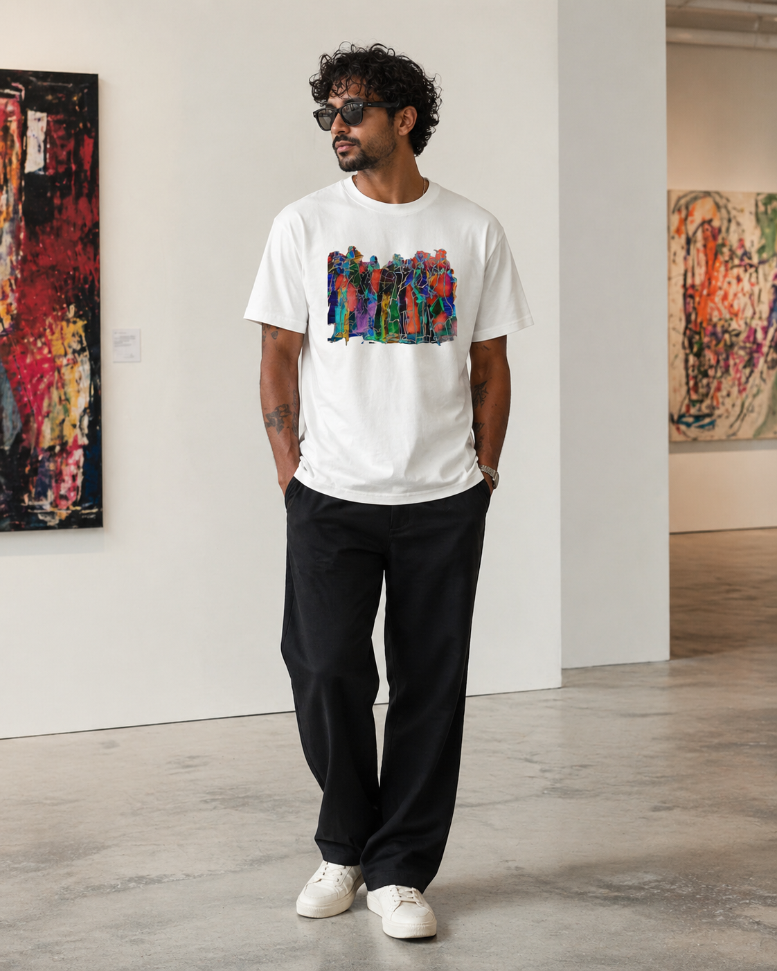 male model wearing multicolor abstract figurative white t-shirt