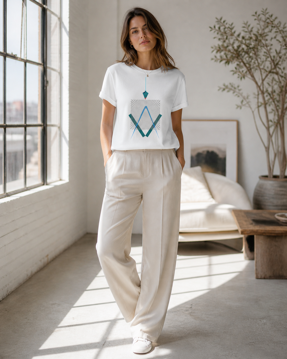 Female model wearing geometric line art on white t-shirt