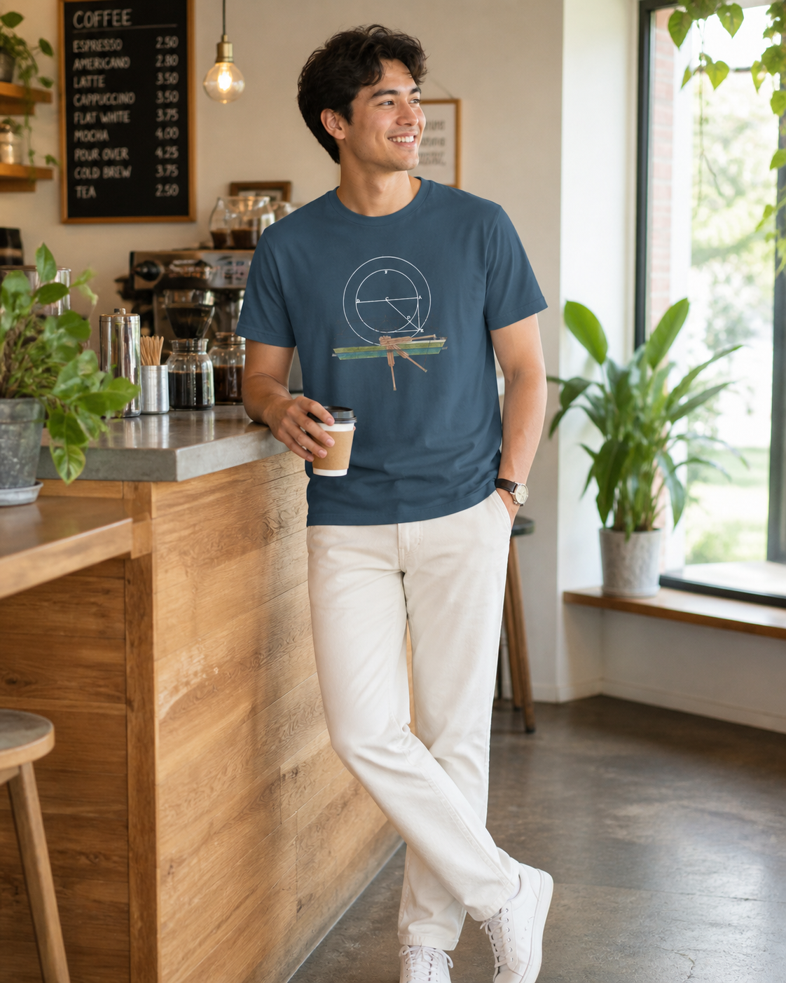 male model wearing geometric blueprint deep teal t-shirt