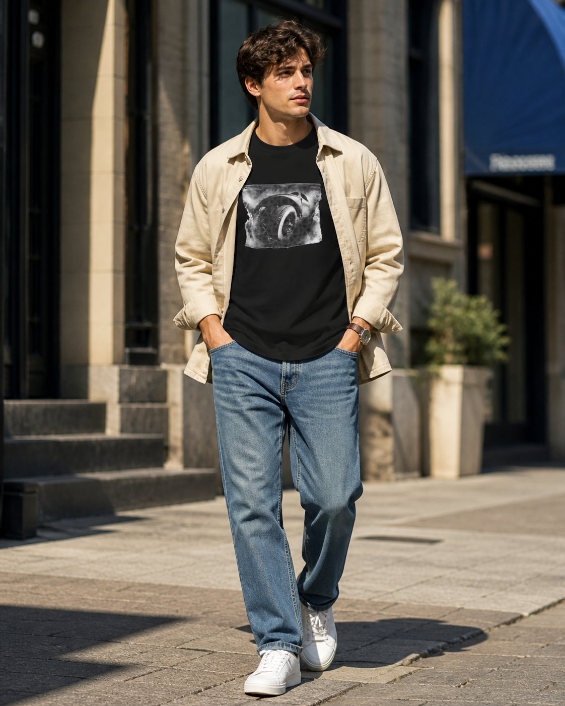 Male model wearing monochrome automotive wheel art graphic on black t-shirt