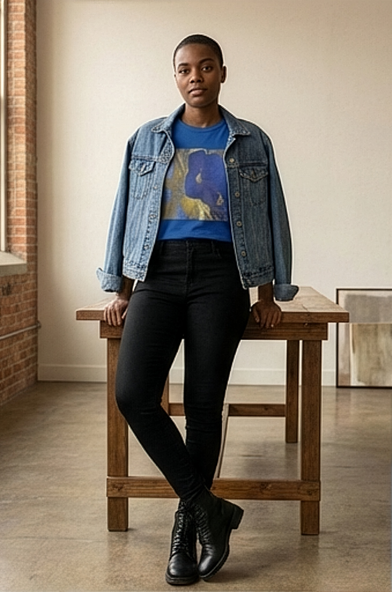 Female model standing by the window in a loft space wearing botanical (hibiscus flower) inspired blue t-shirt