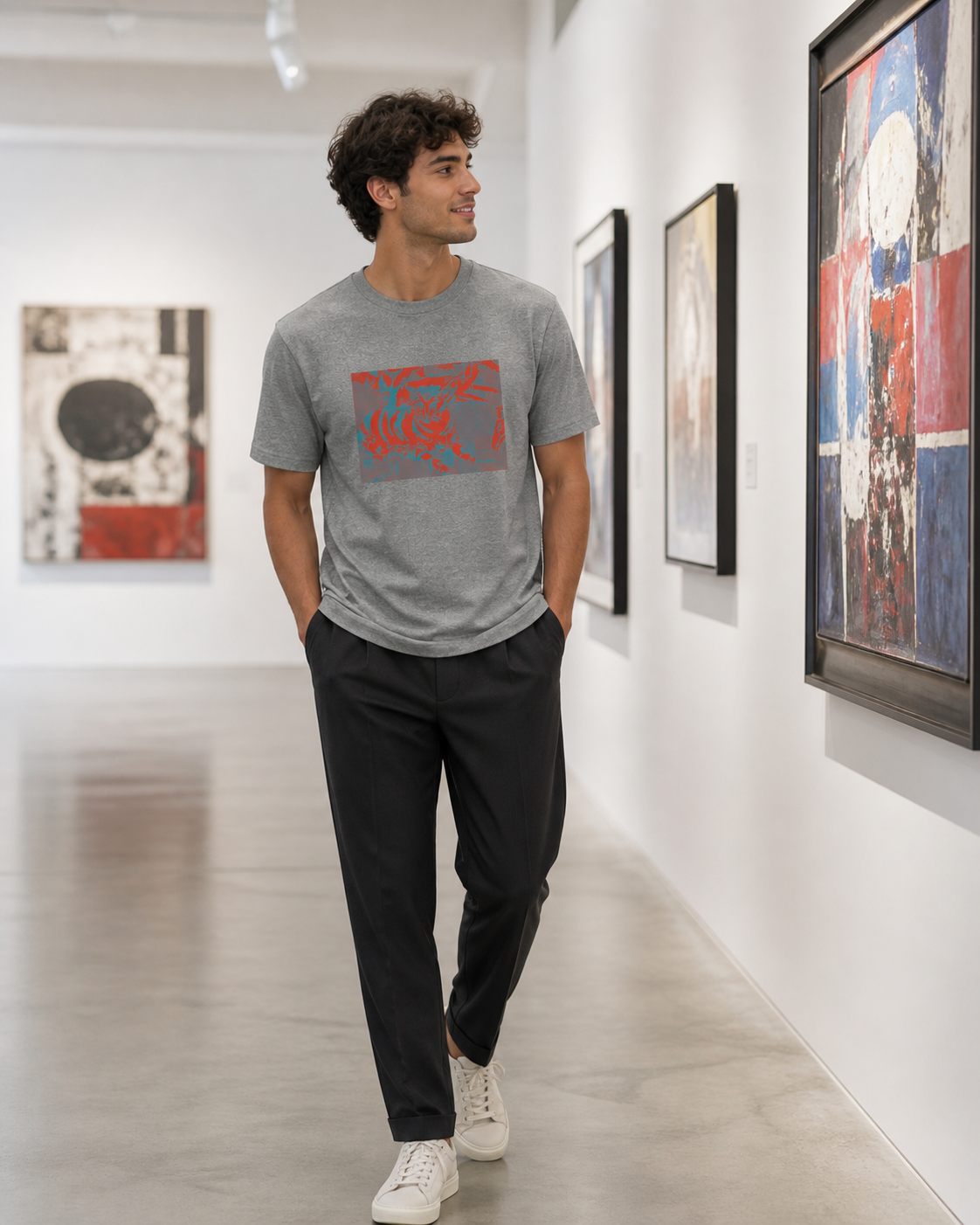 Male model wearing gray t-shirt with a rectangular design on the front. The design features a mix of red and teal abstract shapes on a gray background. The shirt is short-sleeved.