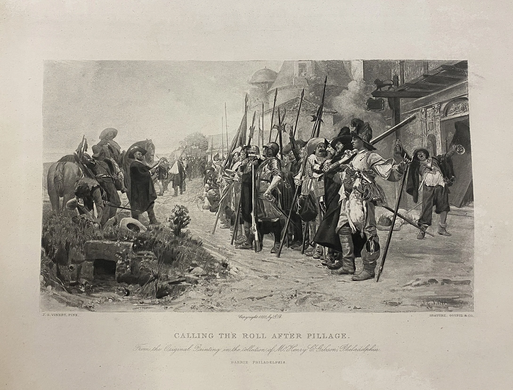 Calling the Roll After Pillage, J. G. Vibert, Copyright 1880 by GB , Gravure Goupil & Co.
