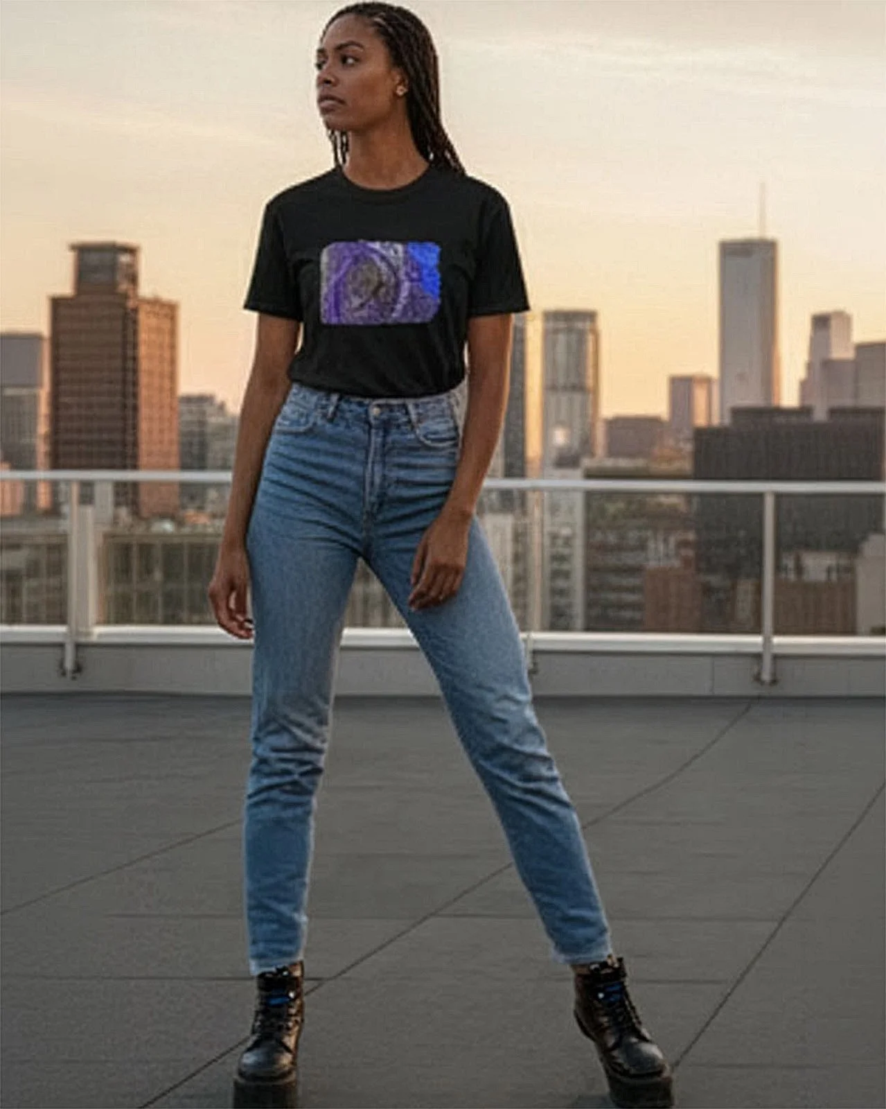 female model wearing black t-shirt of vivid shades of purple, blue, gold, and charcoal abstract art