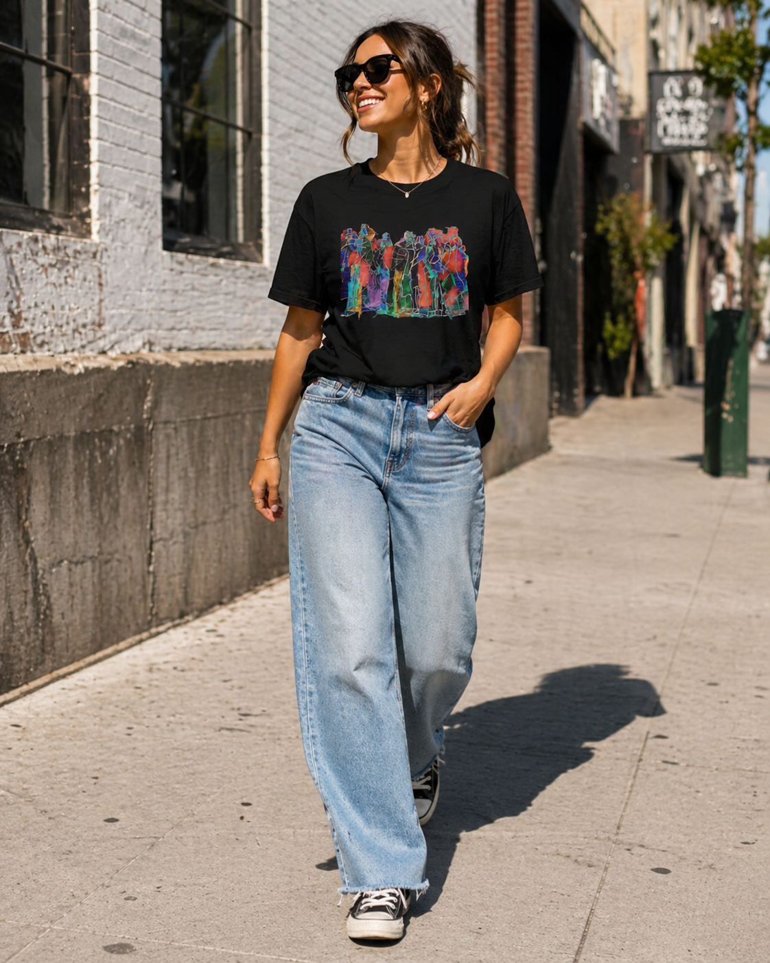 Female model wearing multicolor abstract figurative black t-shirt