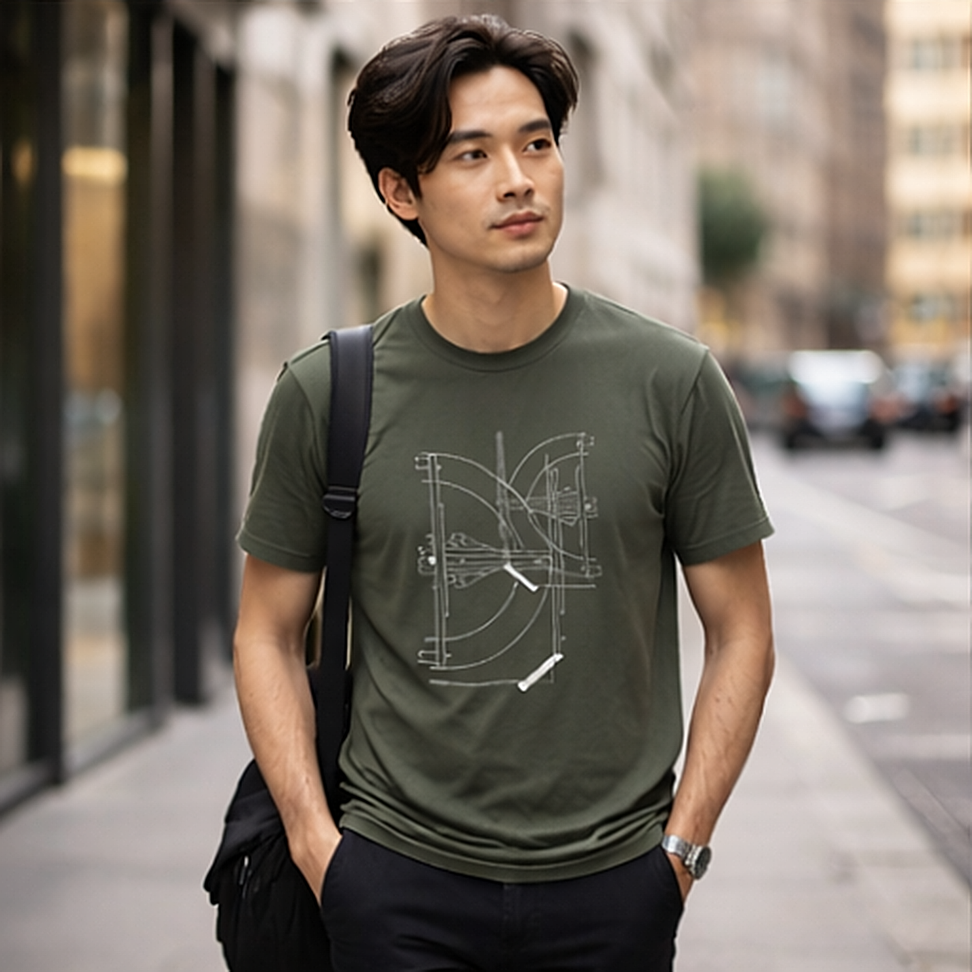 Army green t-shirt with geometric technical drawing graphic design