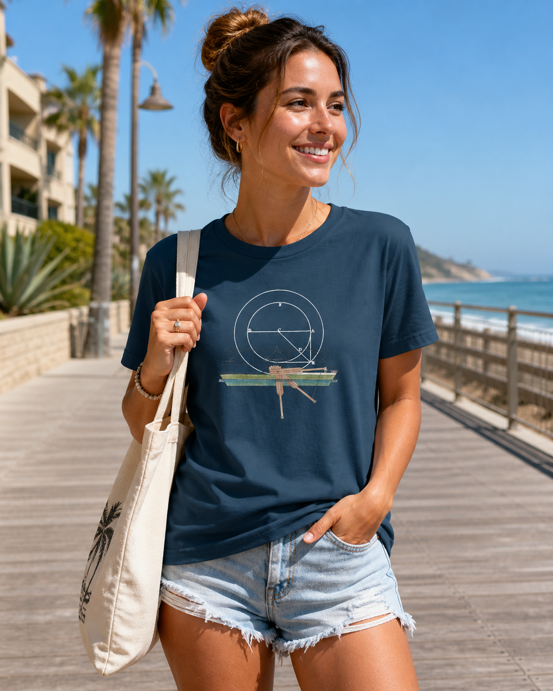 female model wearing geometric blueprint deep teal t-shirt