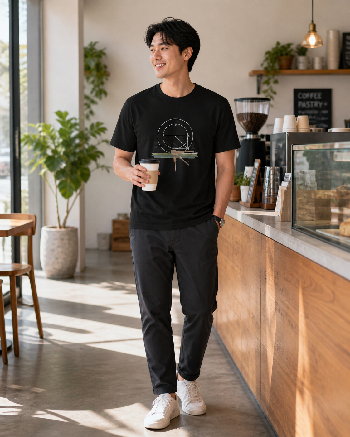male model wearing geometric blueprint black t-shirt