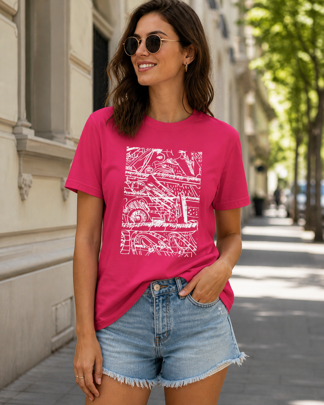 Female model wearing a fuchsia t-shirt featuring a white abstract design. The graphic is a complex arrangement of lines, shapes, and numbers. The short-sleeved shirt is made of a soft material.