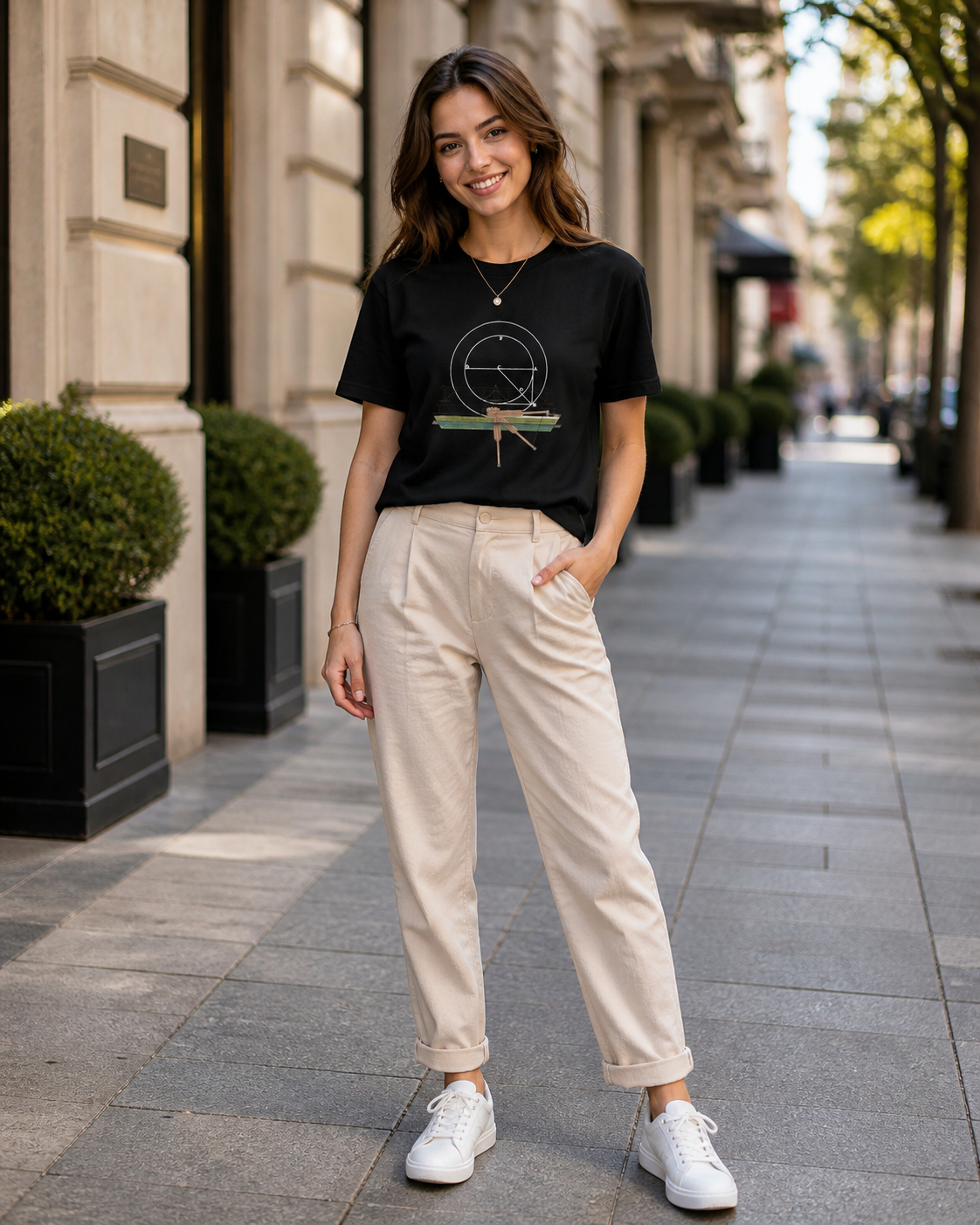 female model wearing geometric blueprint black t-shirt