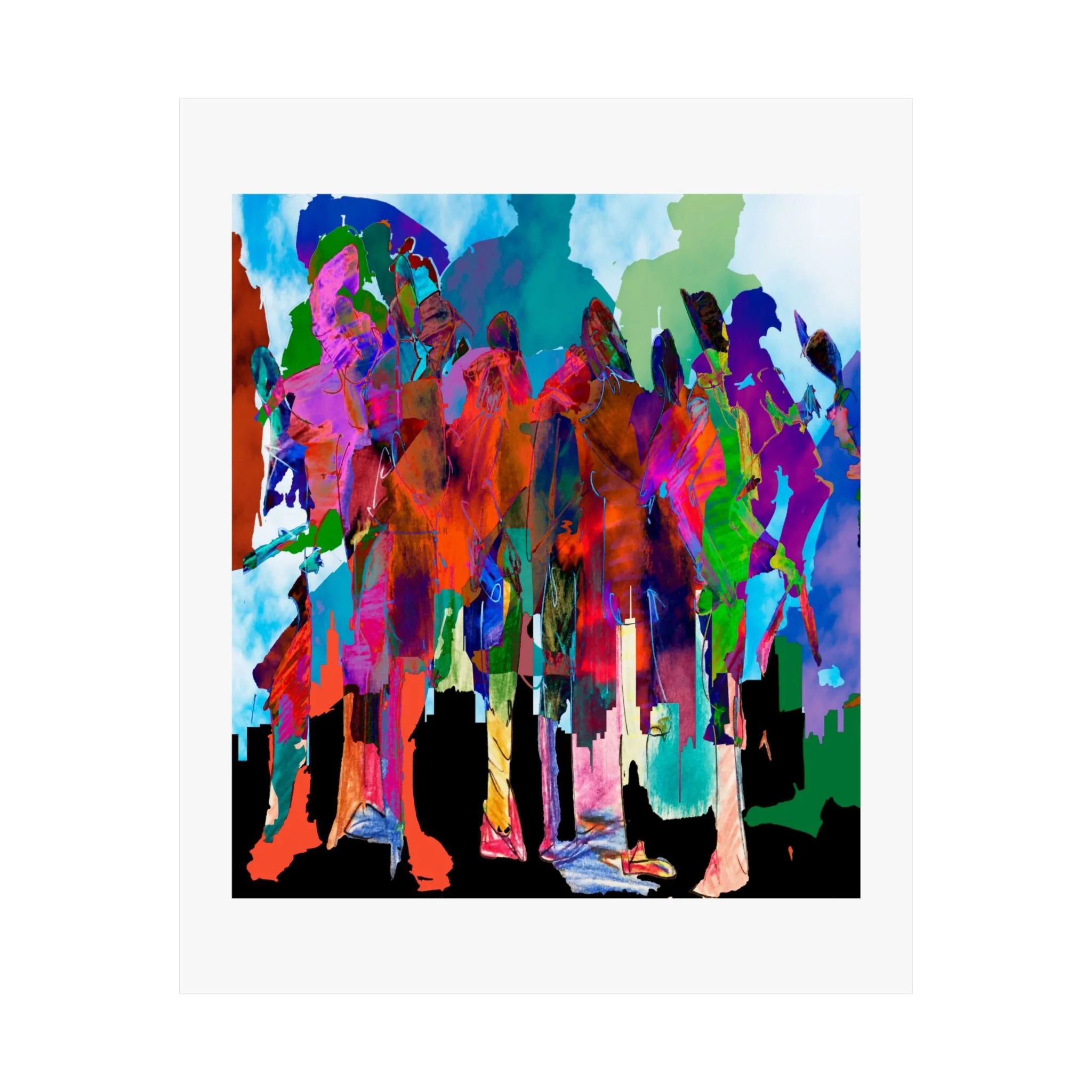 Mixed media digital artwork of colorful overlapping human figures standing above a black city skyline, rendered in vivid red, pink, teal, blue, green, and purple against a pale sky.