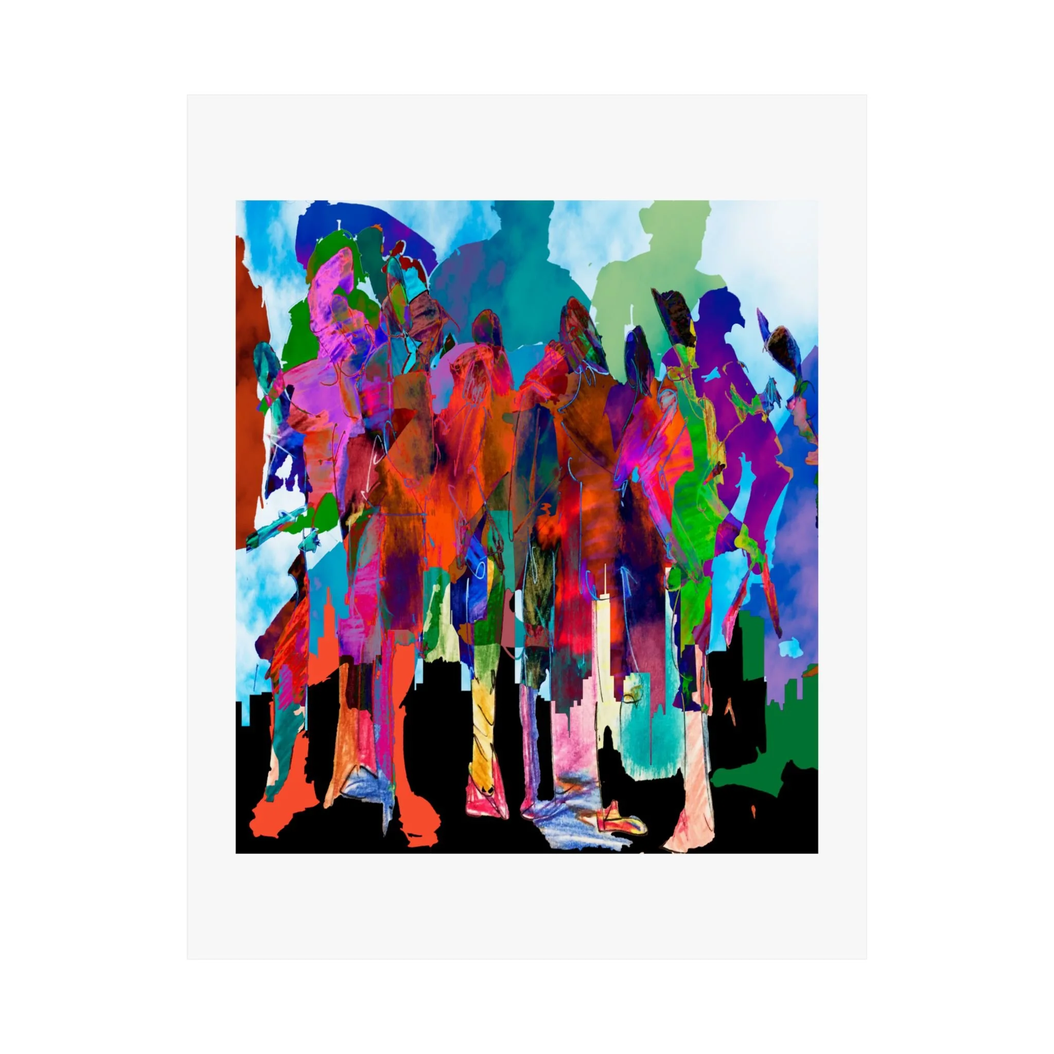 Mixed media digital artwork of colorful overlapping human figures standing above a black city skyline, rendered in vivid red, pink, teal, blue, green, and purple against a pale sky.