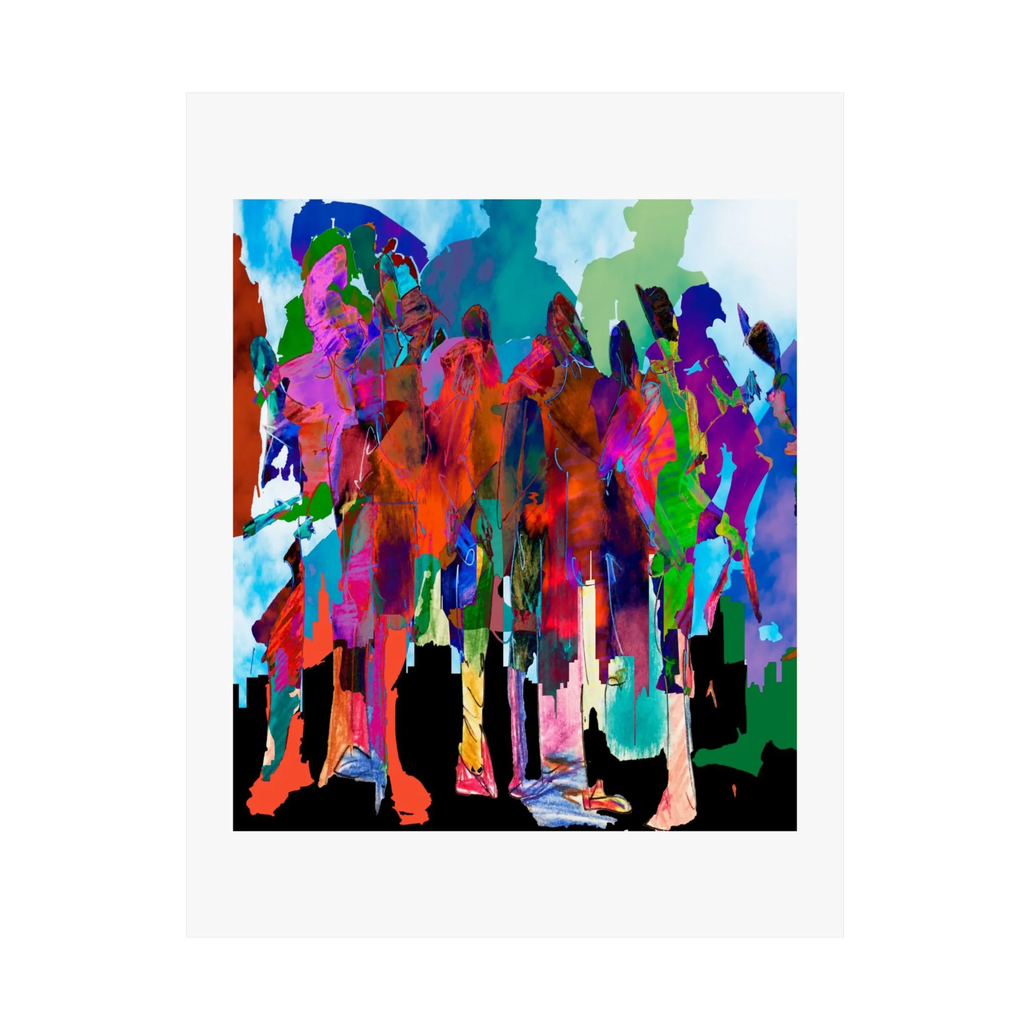 Mixed media digital artwork of colorful overlapping human figures standing above a black city skyline, rendered in vivid red, pink, teal, blue, green, and purple against a pale sky.