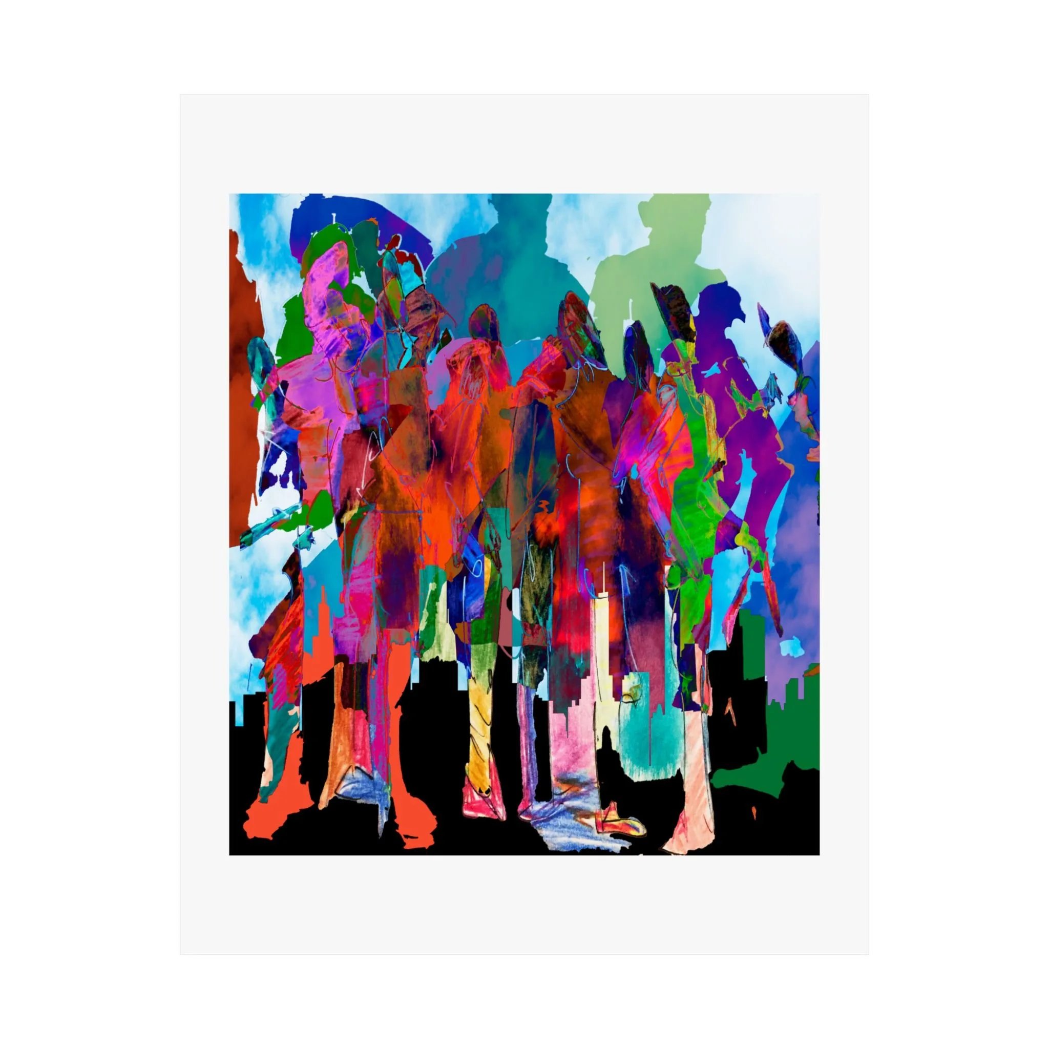 Mixed media digital artwork of colorful overlapping human figures standing above a black city skyline, rendered in vivid red, pink, teal, blue, green, and purple against a pale sky.