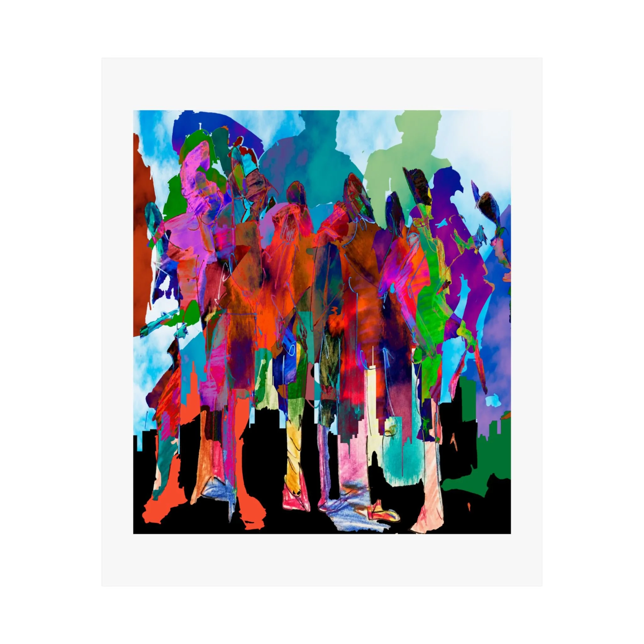 Mixed media digital artwork of colorful overlapping human figures standing above a black city skyline, rendered in vivid red, pink, teal, blue, green, and purple against a pale sky.