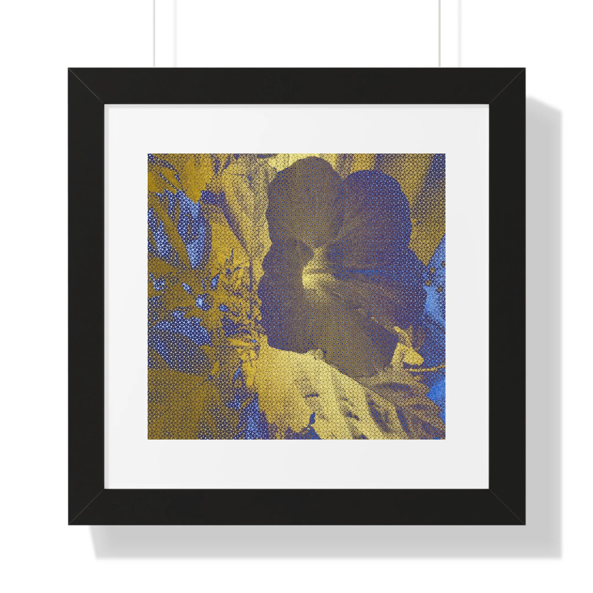Refined contemporary floral art print blending deep blue shadow warm gold light, and halftone texture.