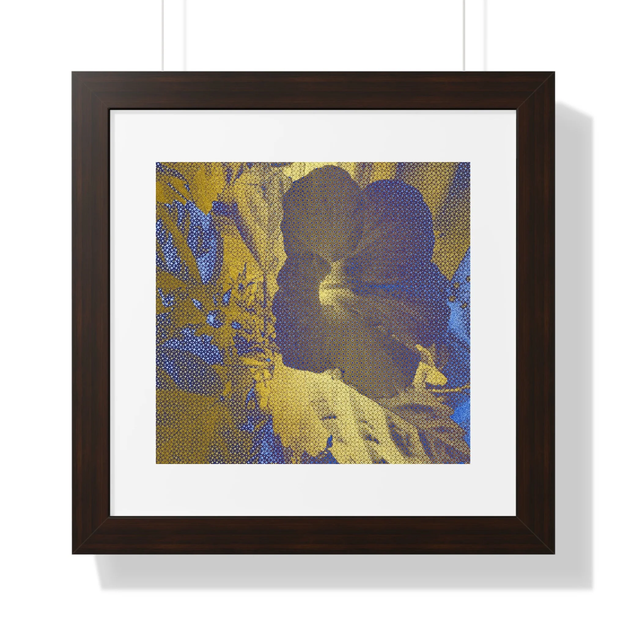 Refined contemporary floral art print blending deep blue shadow warm gold light, and halftone texture.
