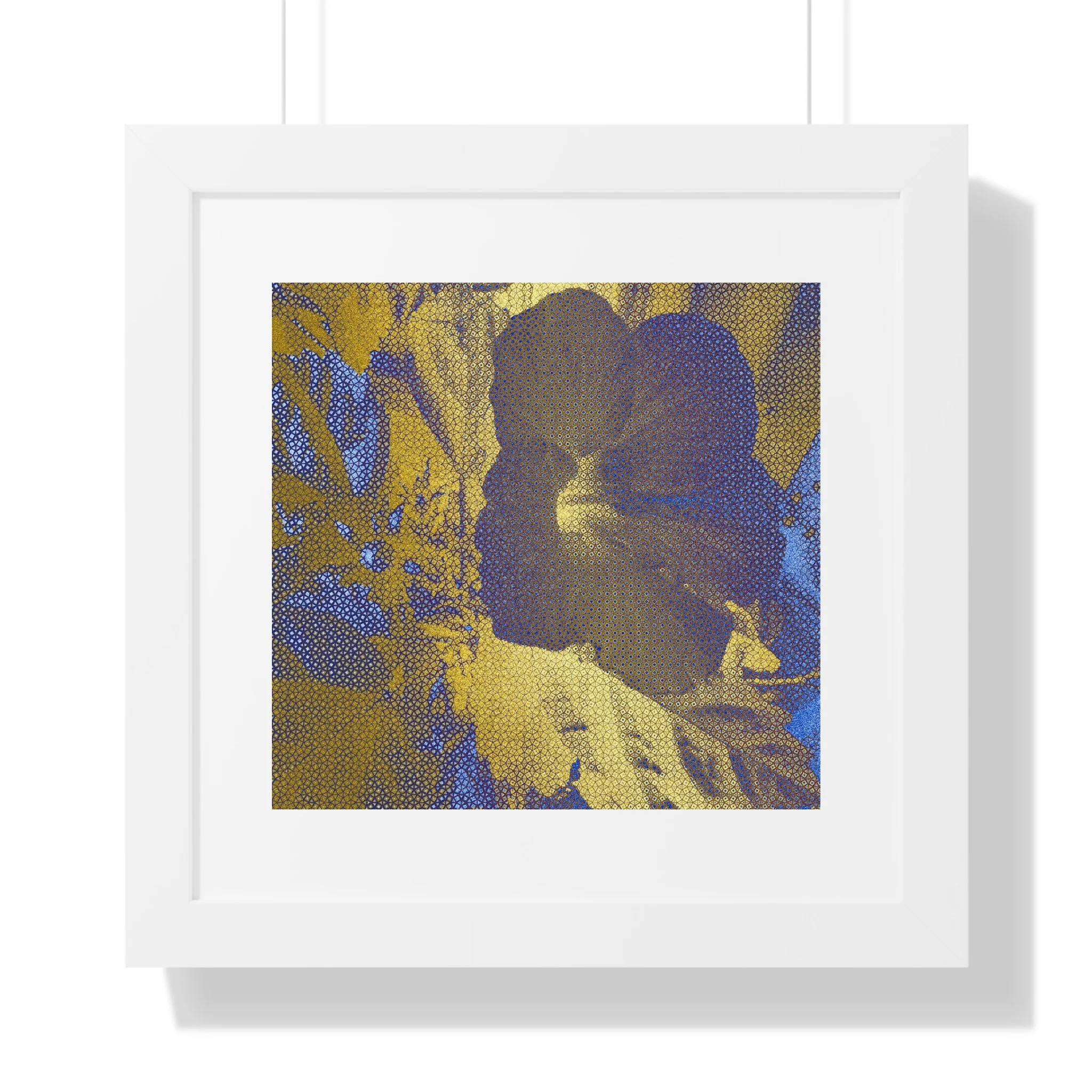 Refined contemporary floral art print blending deep blue shadow warm gold light, and halftone texture.