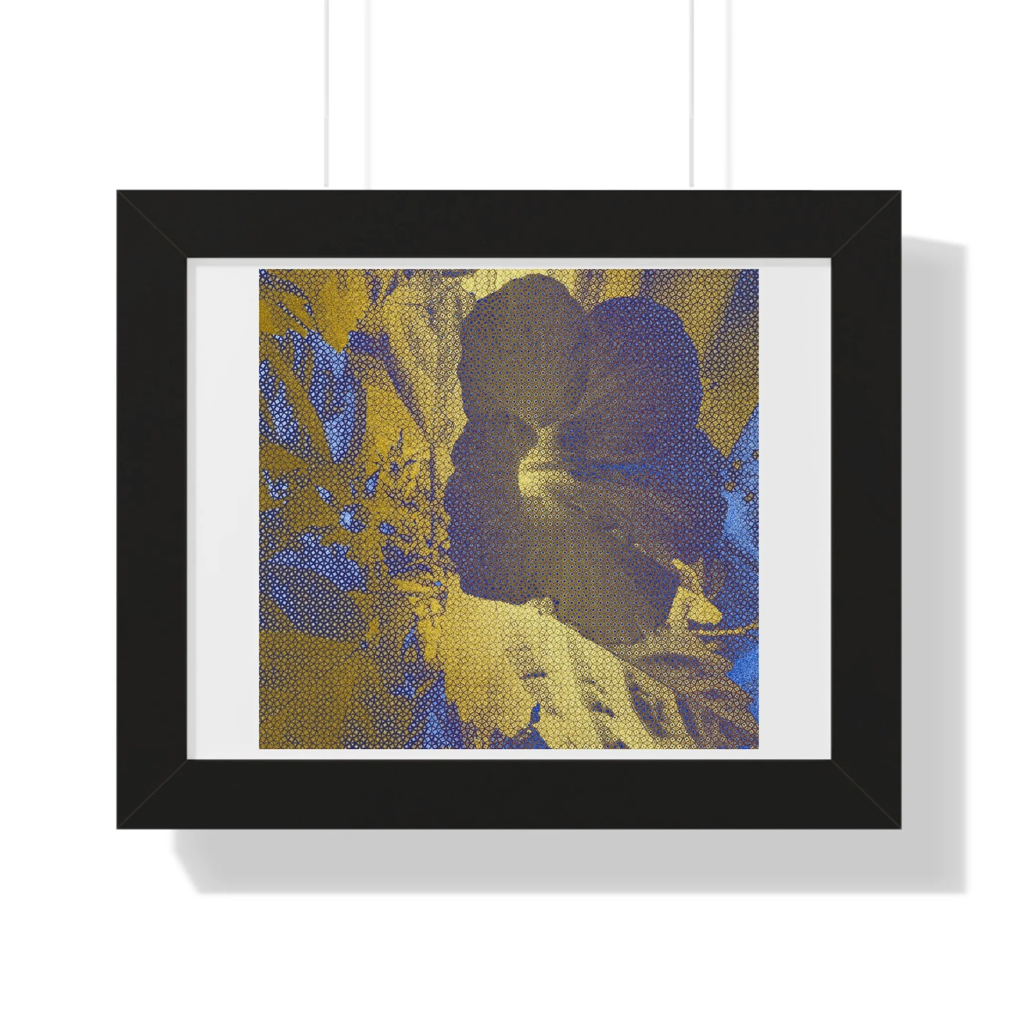 Refined contemporary floral art print blending deep blue shadow warm gold light, and halftone texture.