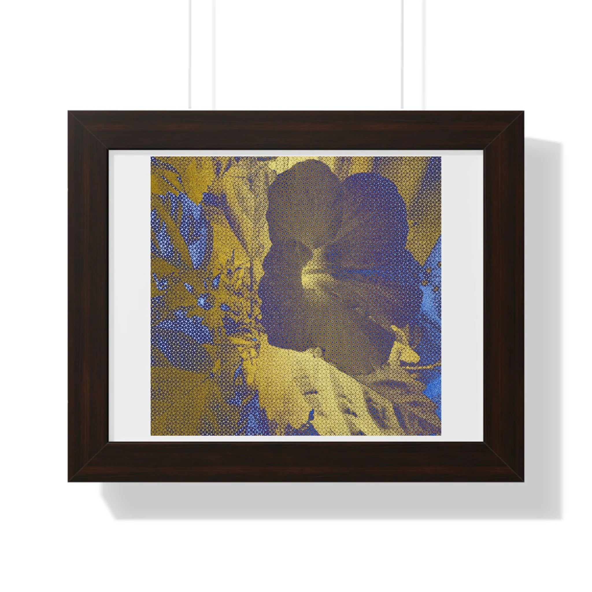 Refined contemporary floral art print blending deep blue shadow warm gold light, and halftone texture.