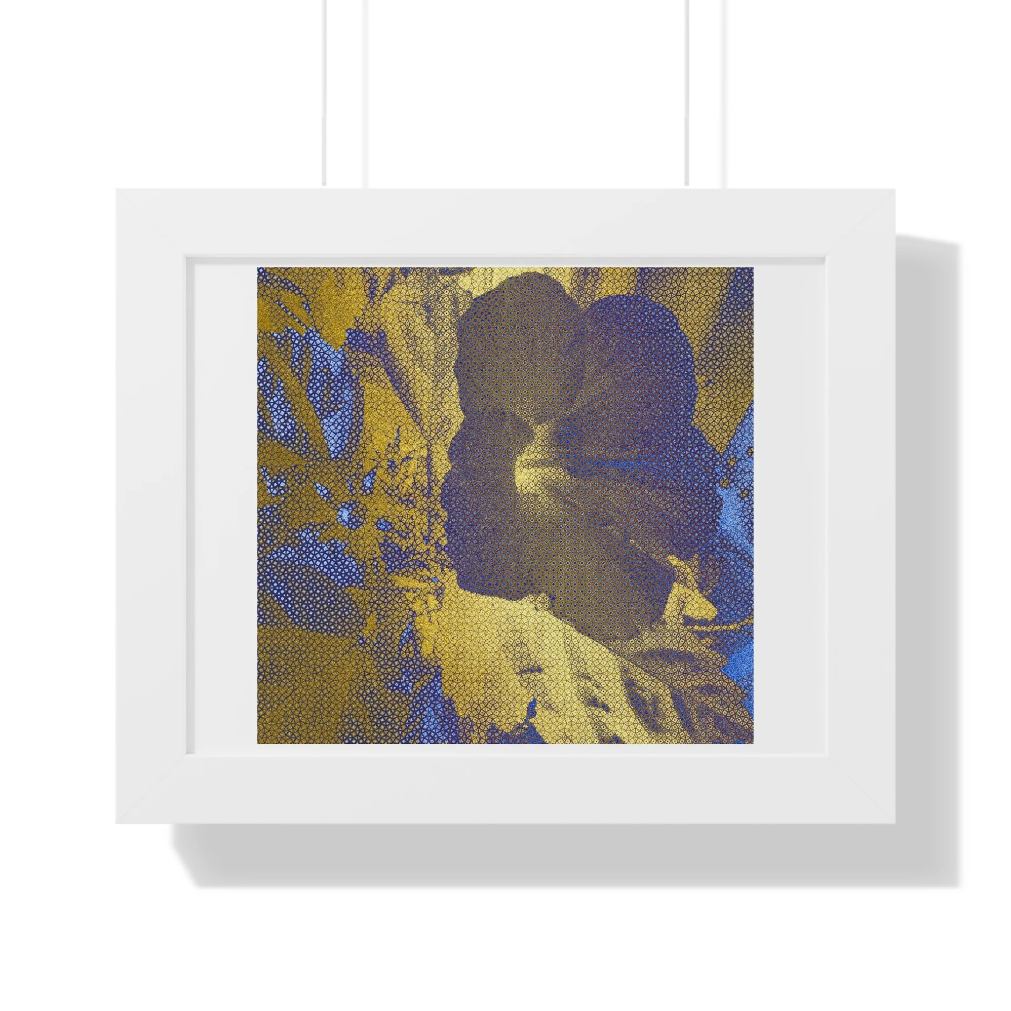 Refined contemporary floral art print blending deep blue shadow warm gold light, and halftone texture.