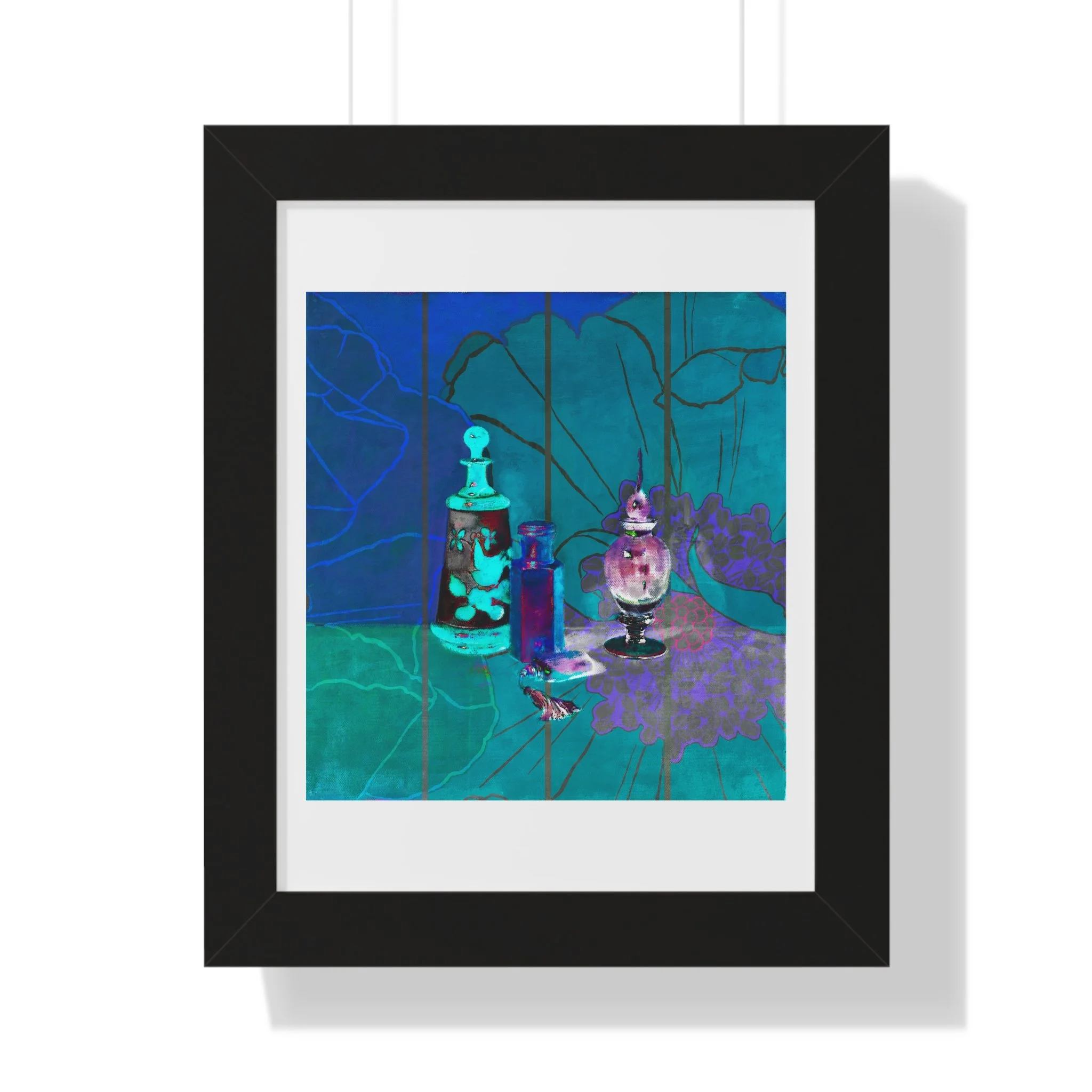 A contemporary still life art print of perfume bottles, floral traces, and deep teal tones to evoke memory and beauty.