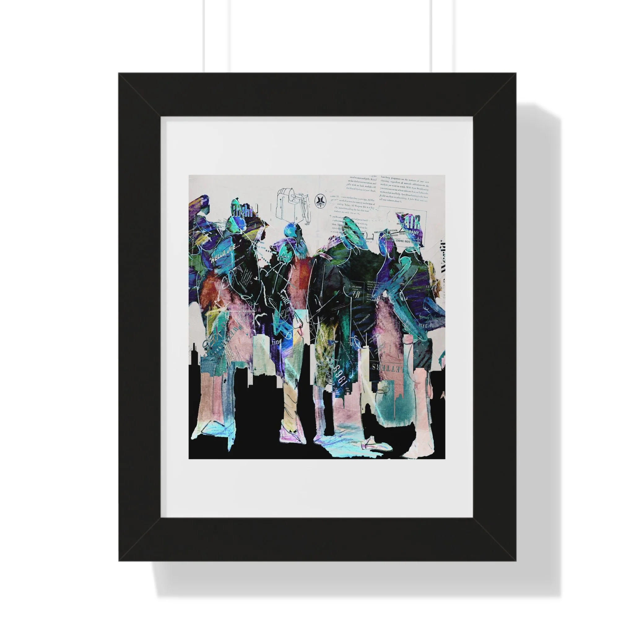 Contemporary figurative mixed media art print. Layered figures, collage textures, and expressive color.