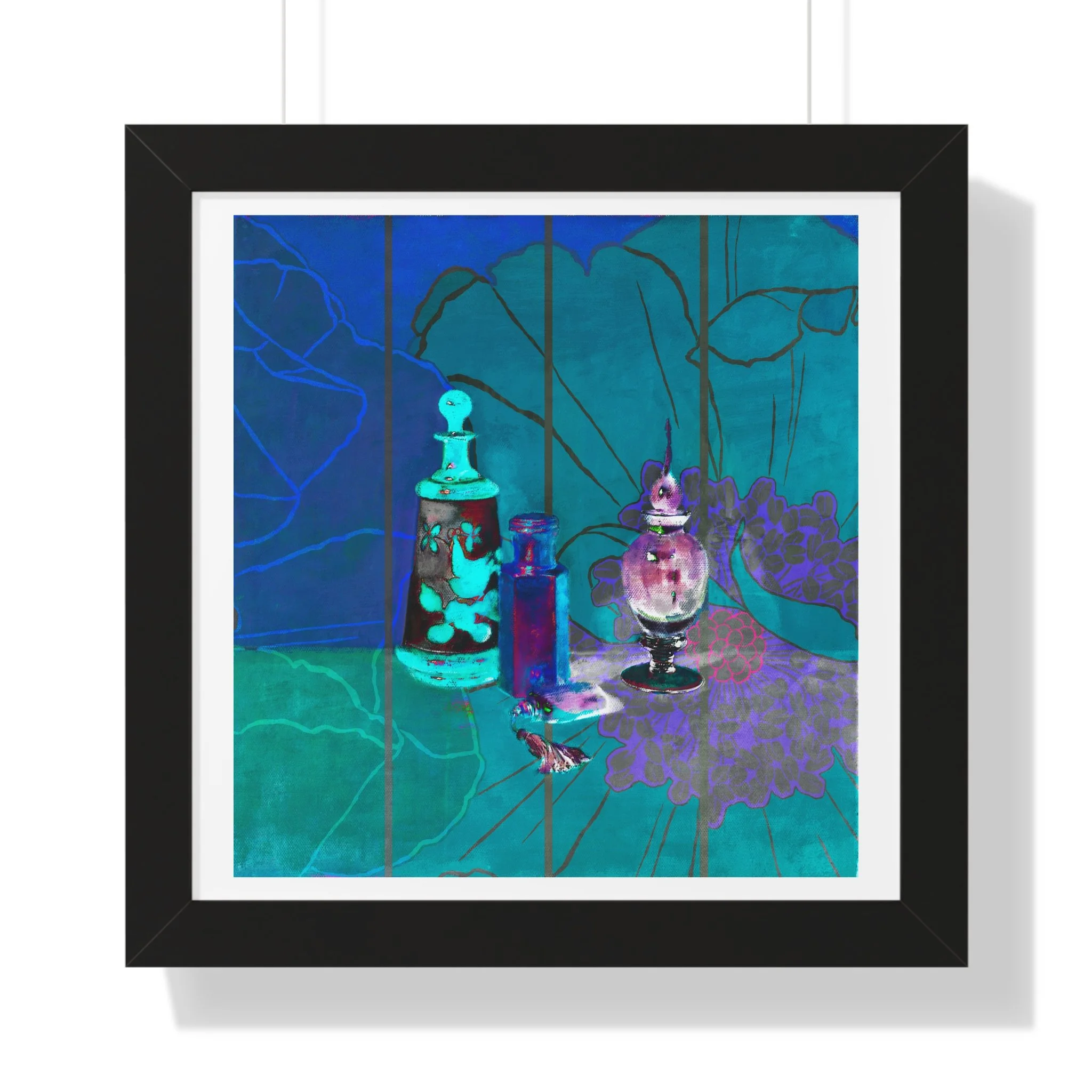 A contemporary still life art print of perfume bottles, floral traces, and deep teal tones to evoke memory and beauty.