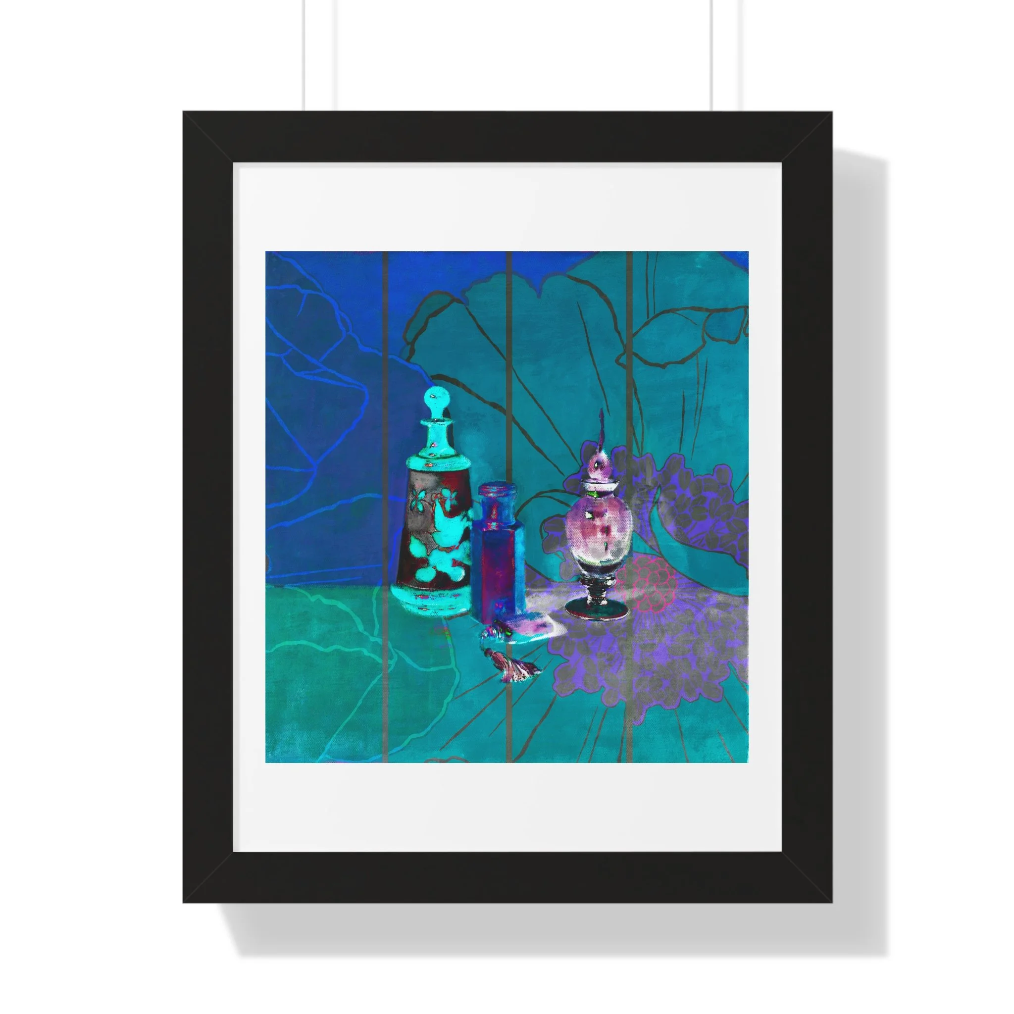 A contemporary still life art print of perfume bottles, floral traces, and deep teal tones to evoke memory and beauty.