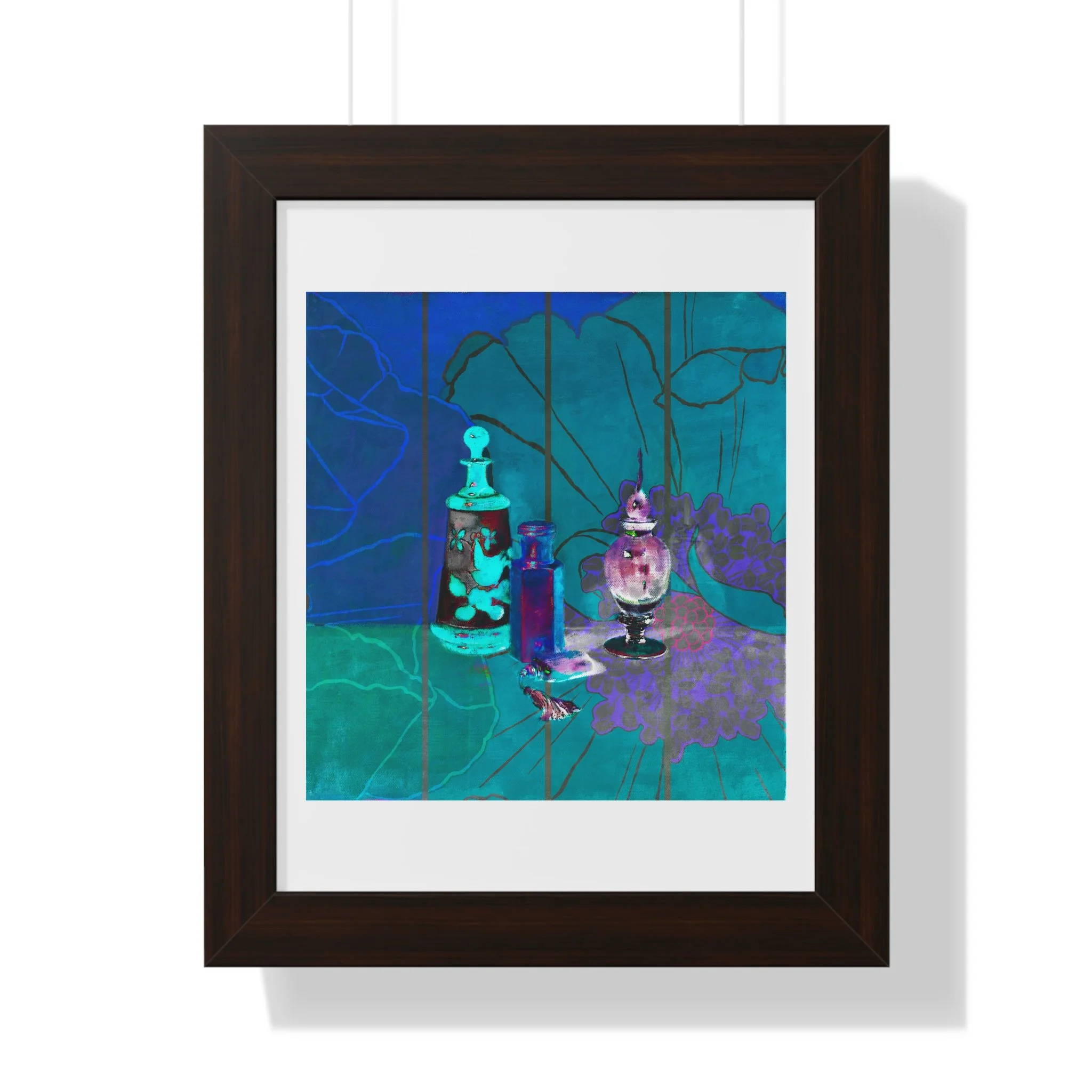 A contemporary still life art print of perfume bottles, floral traces, and deep teal tones to evoke memory and beauty.