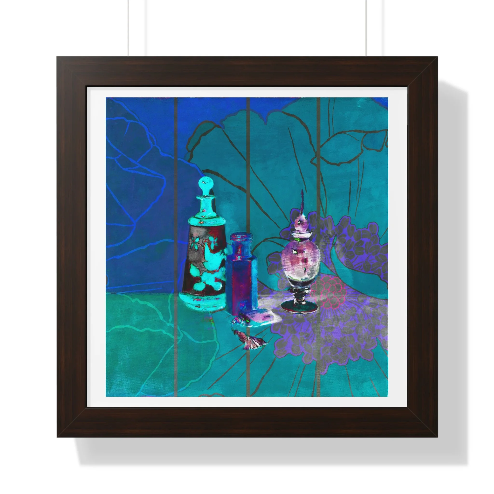A contemporary still life art print of perfume bottles, floral traces, and deep teal tones to evoke memory and beauty.