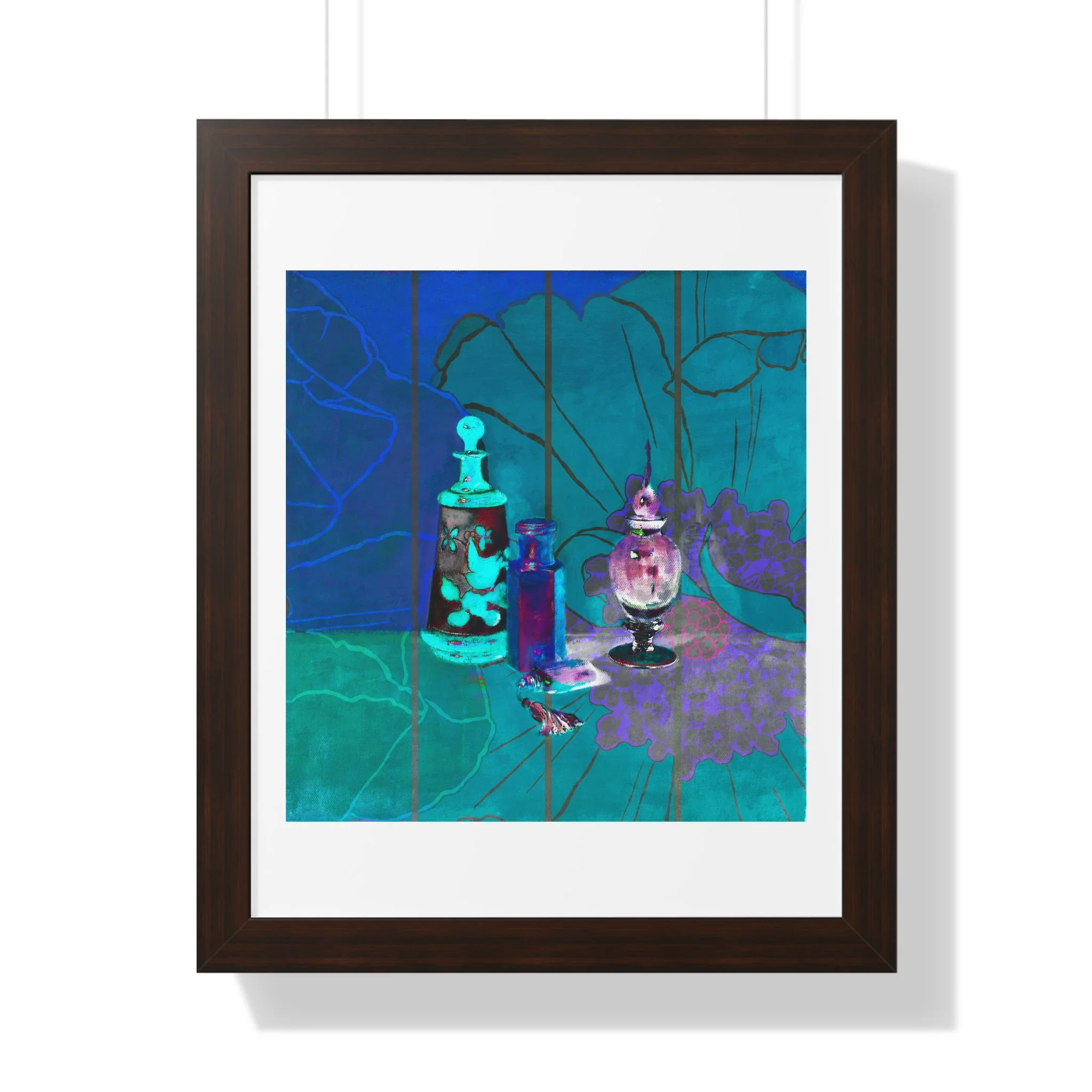 A contemporary still life art print of perfume bottles, floral traces, and deep teal tones to evoke memory and beauty.
