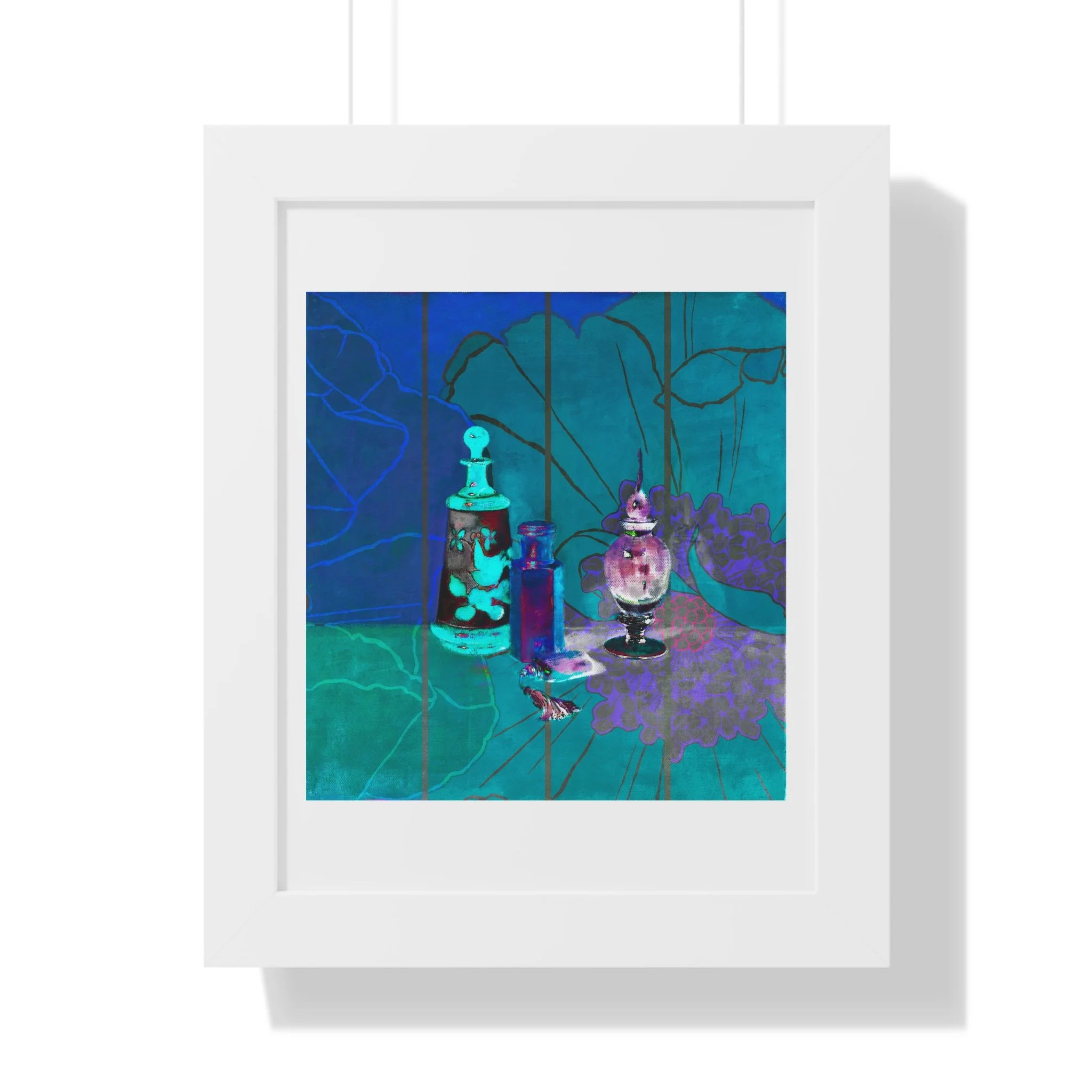 A contemporary still life art print of perfume bottles, floral traces, and deep teal tones to evoke memory and beauty.