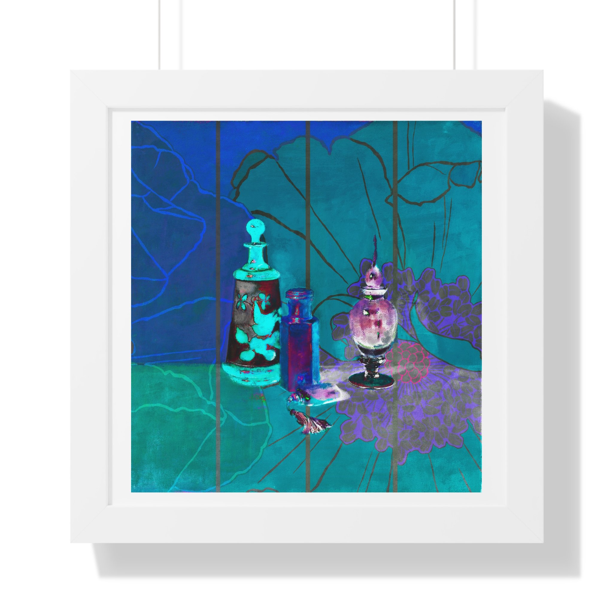 A contemporary still life art print of perfume bottles, floral traces, and deep teal tones to evoke memory and beauty.