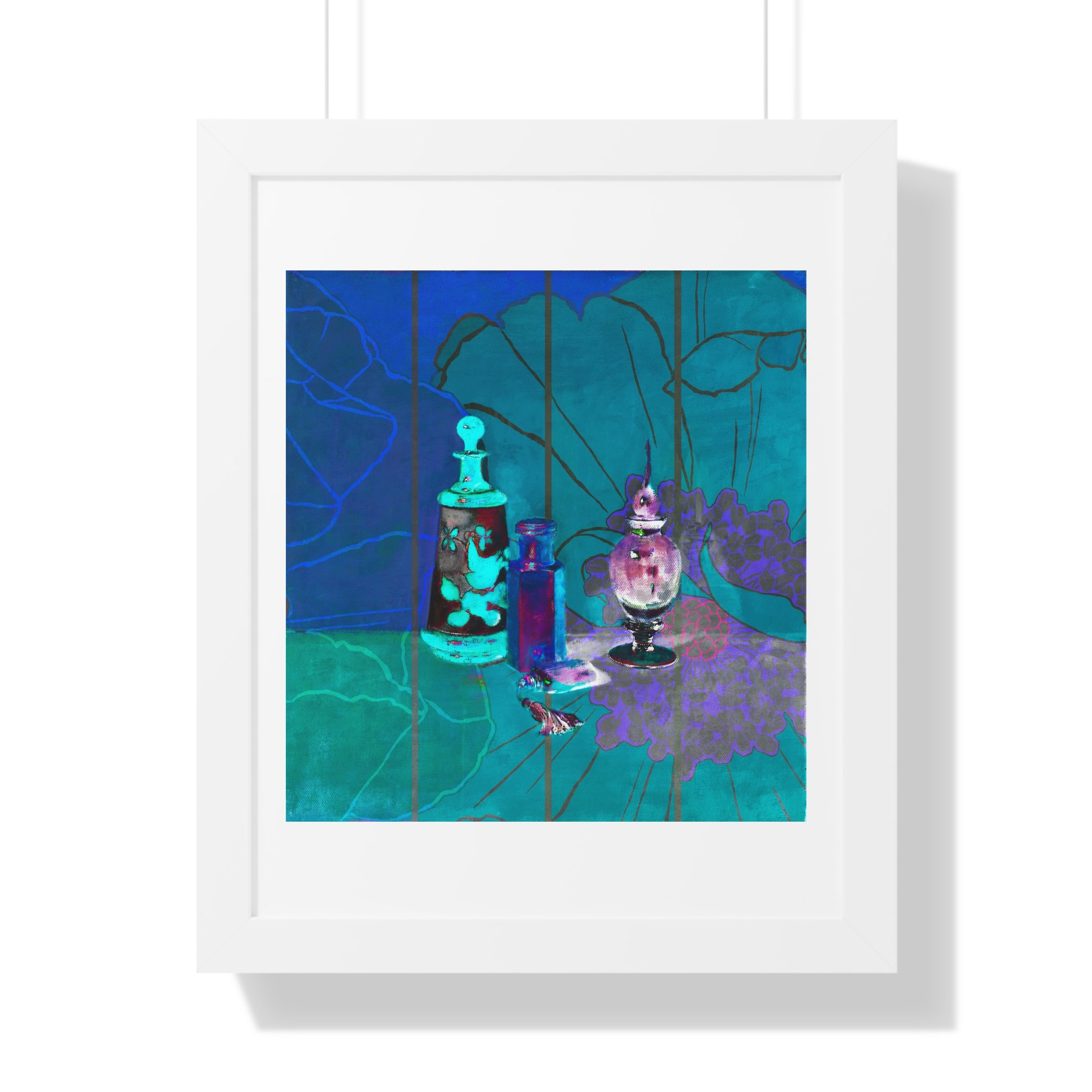 A contemporary still life art print of perfume bottles, floral traces, and deep teal tones to evoke memory and beauty.