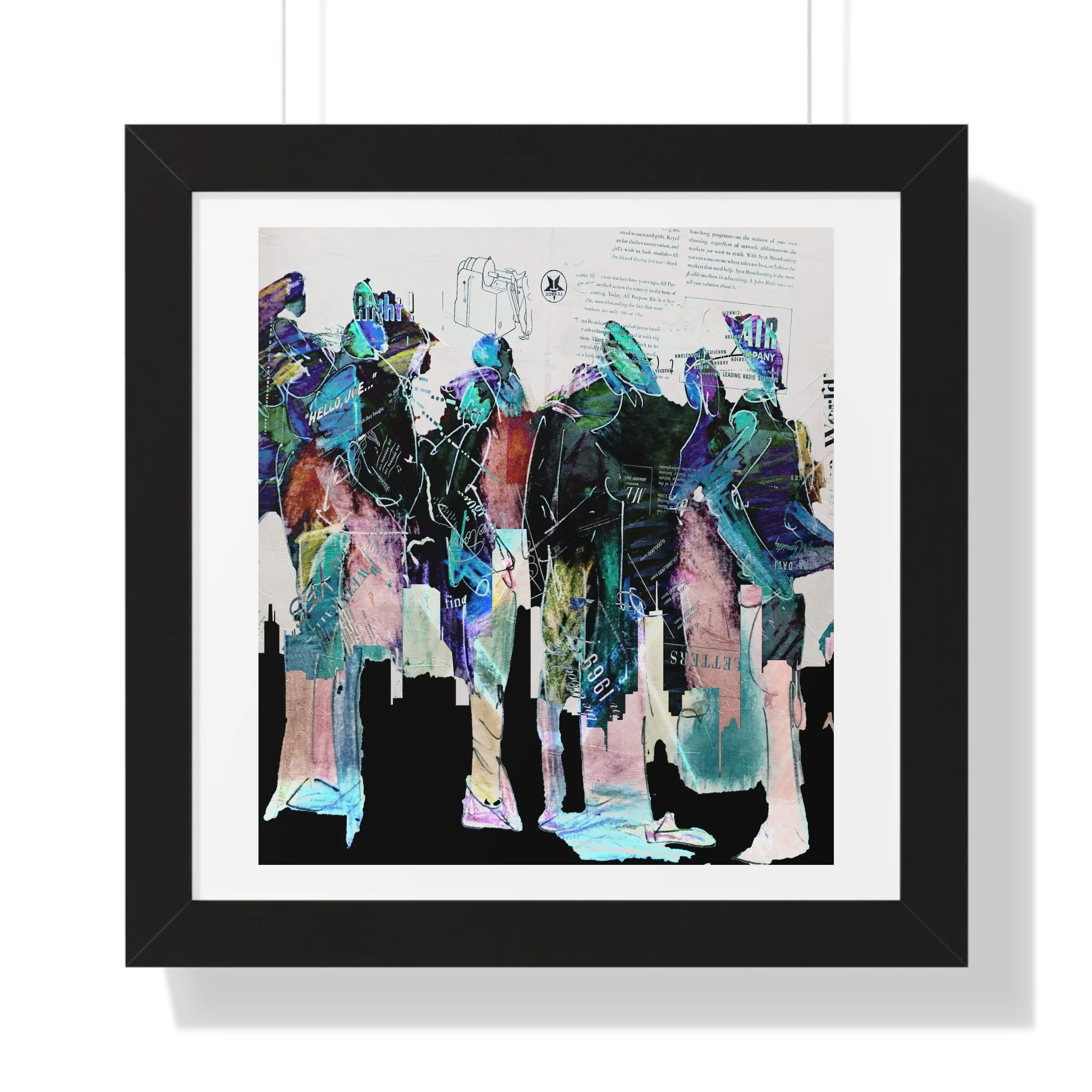Contemporary figurative mixed media art print. Layered figures, collage textures, and expressive color.