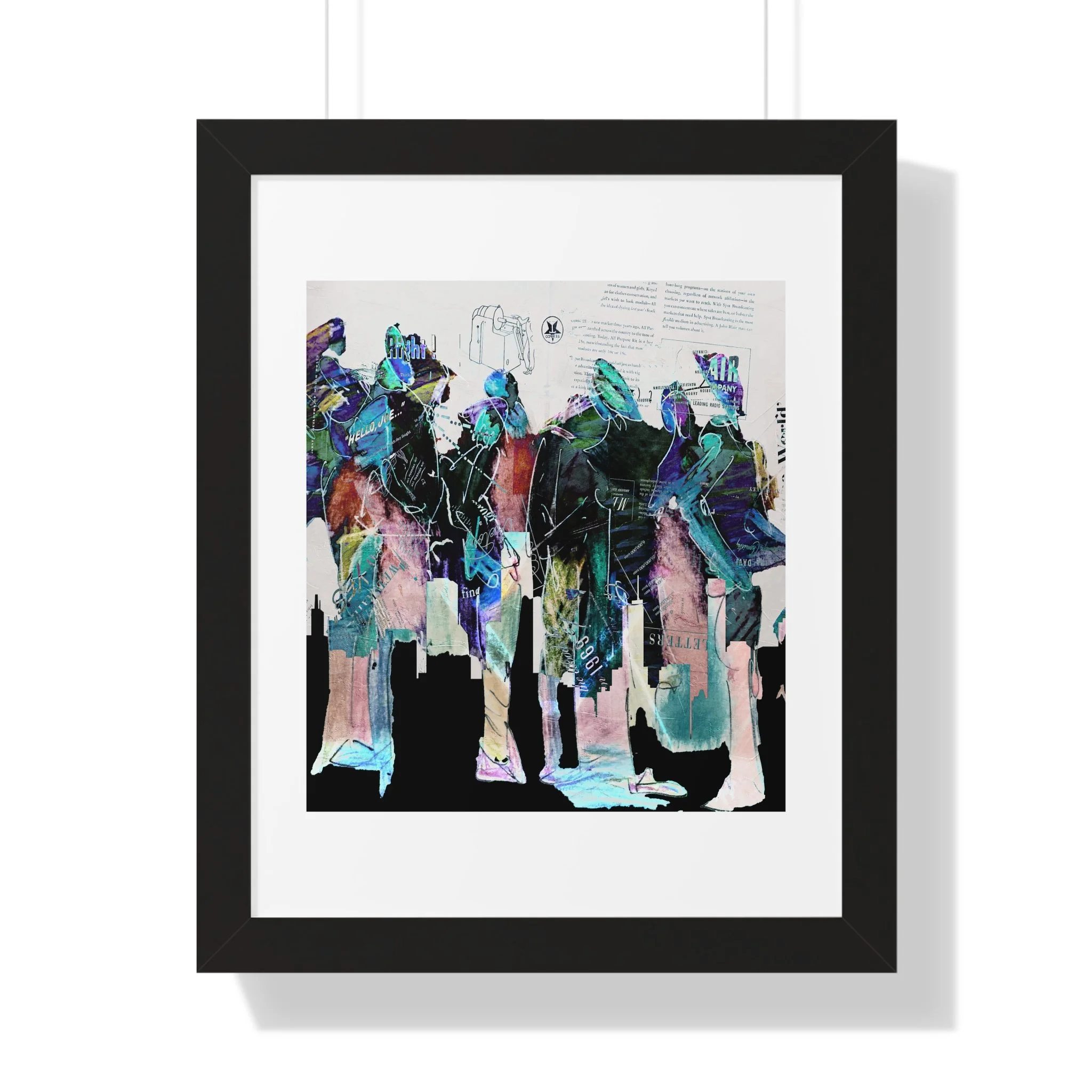 Contemporary figurative mixed media art print. Layered figures, collage textures, and expressive color.