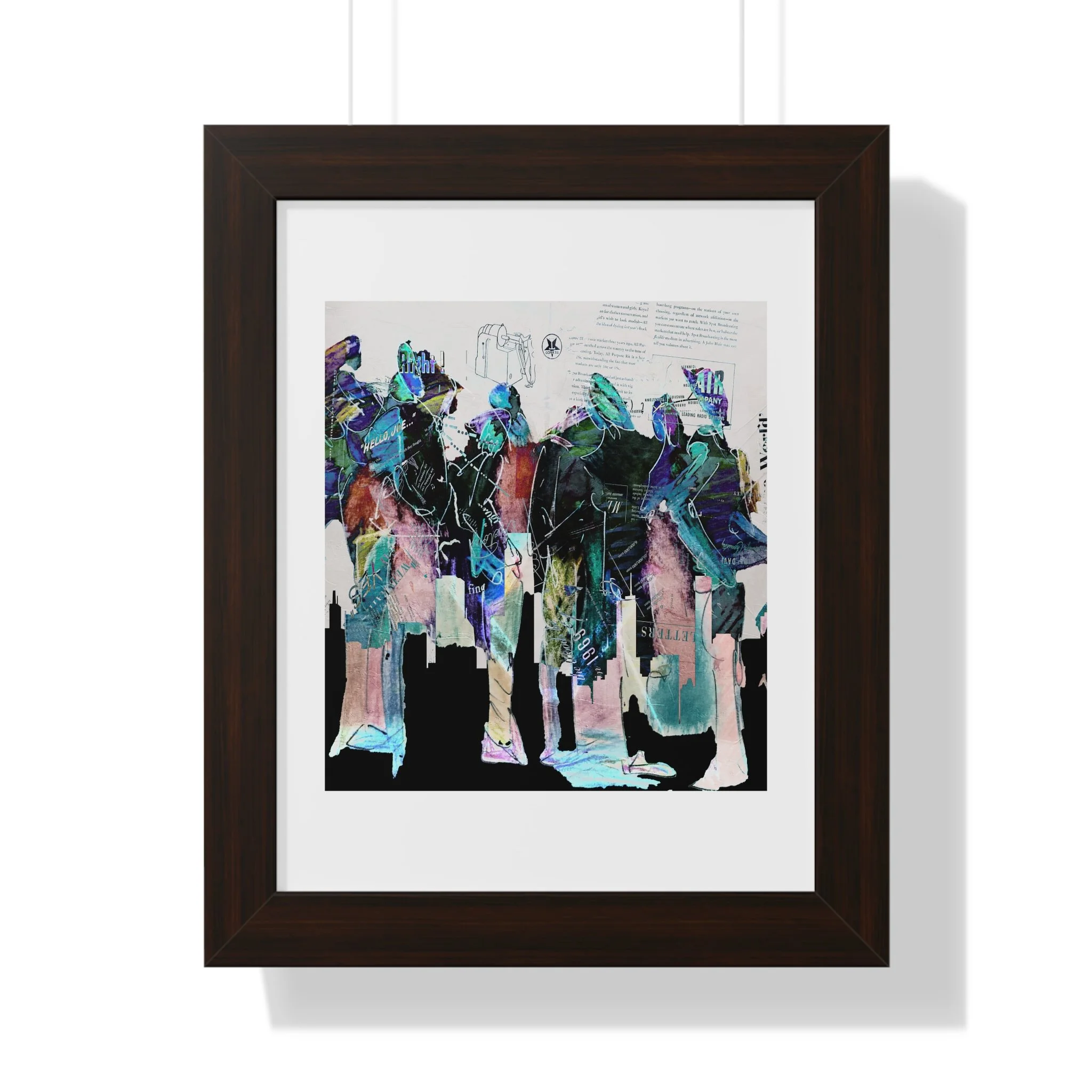 Contemporary figurative mixed media art print. Layered figures, collage textures, and expressive color.