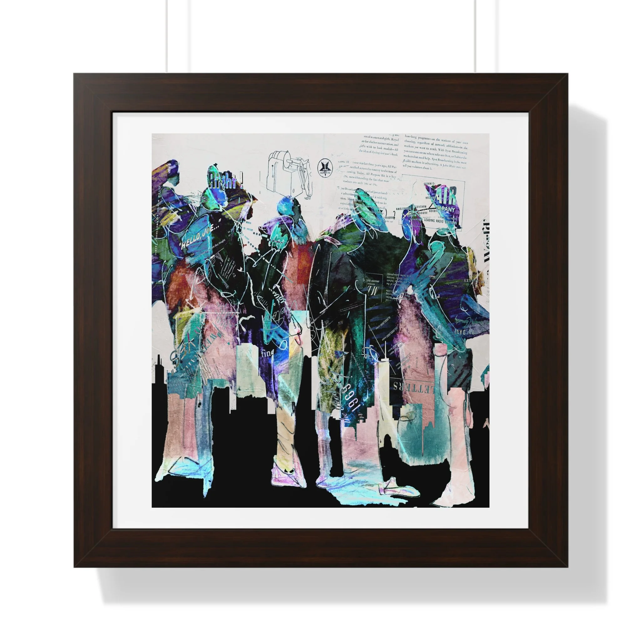 Contemporary figurative mixed media art print. Layered figures, collage textures, and expressive color.