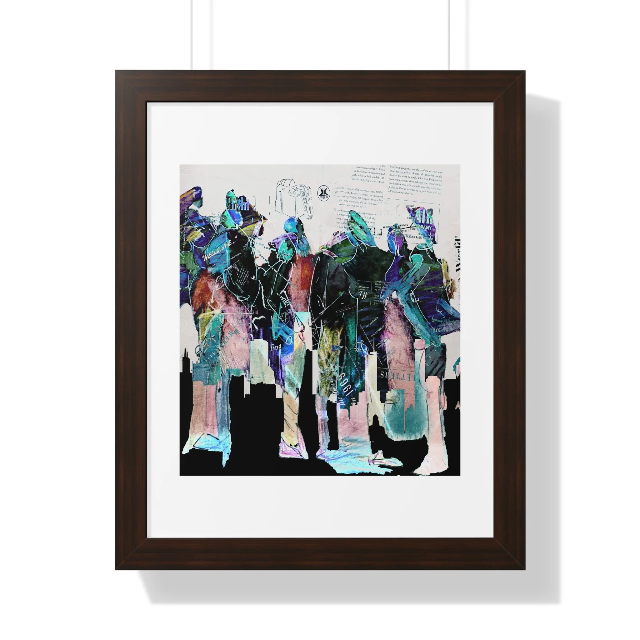 Contemporary figurative mixed media art print. Layered figures, collage textures, and expressive color.