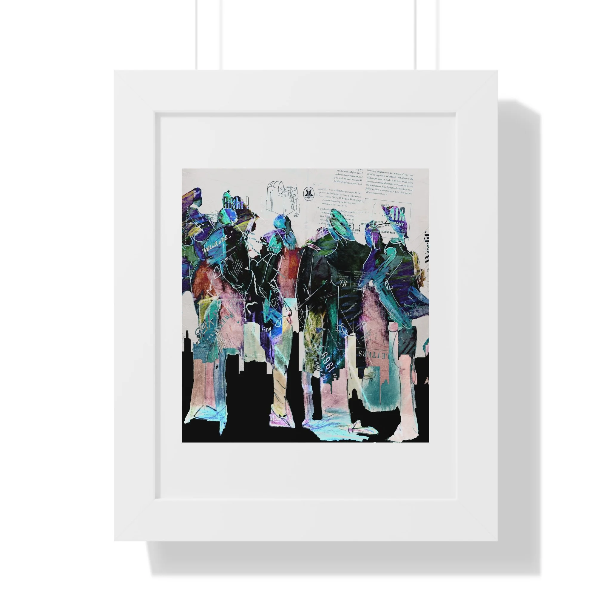 Contemporary figurative mixed media art print. Layered figures, collage textures, and expressive color.