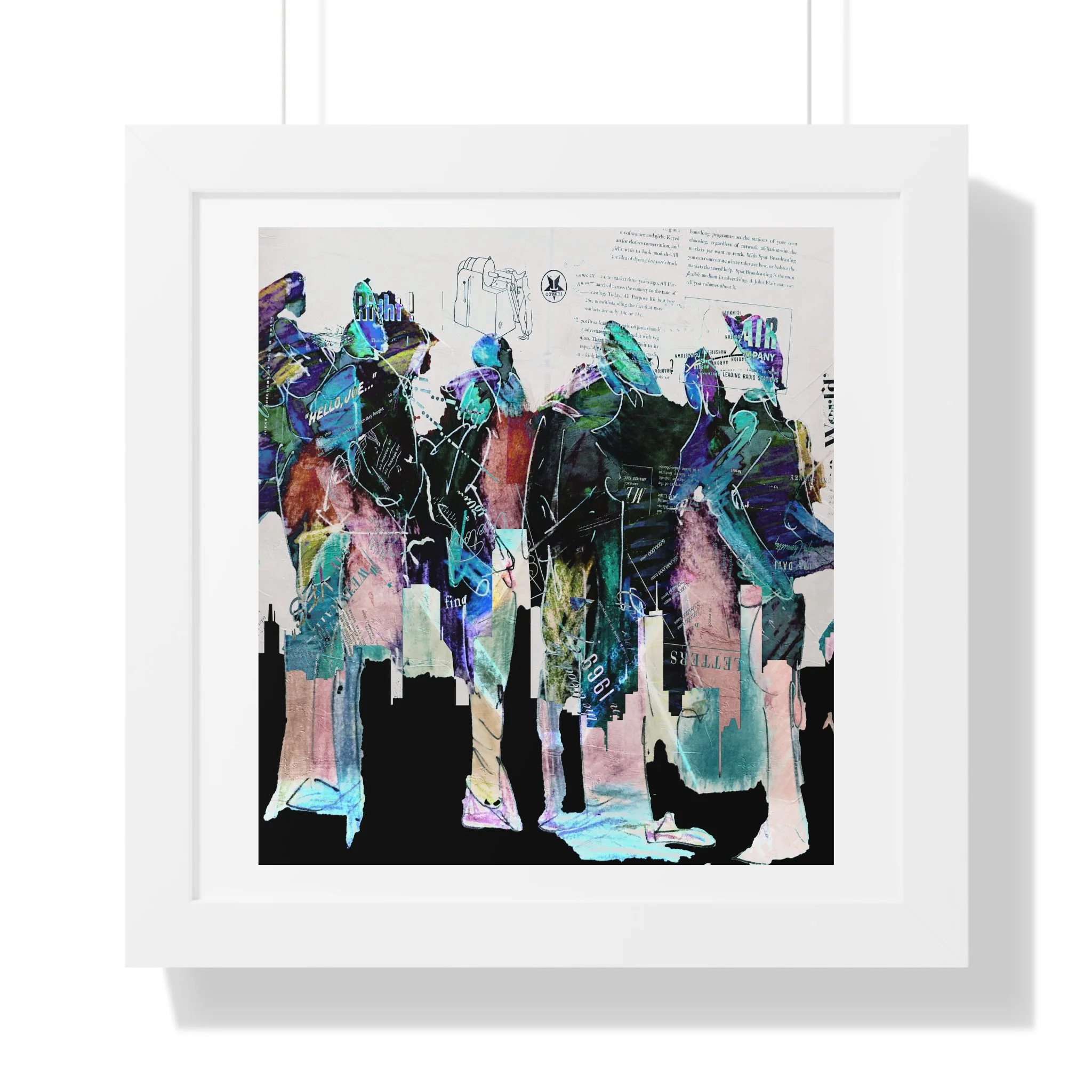Contemporary figurative mixed media art print. Layered figures, collage textures, and expressive color.