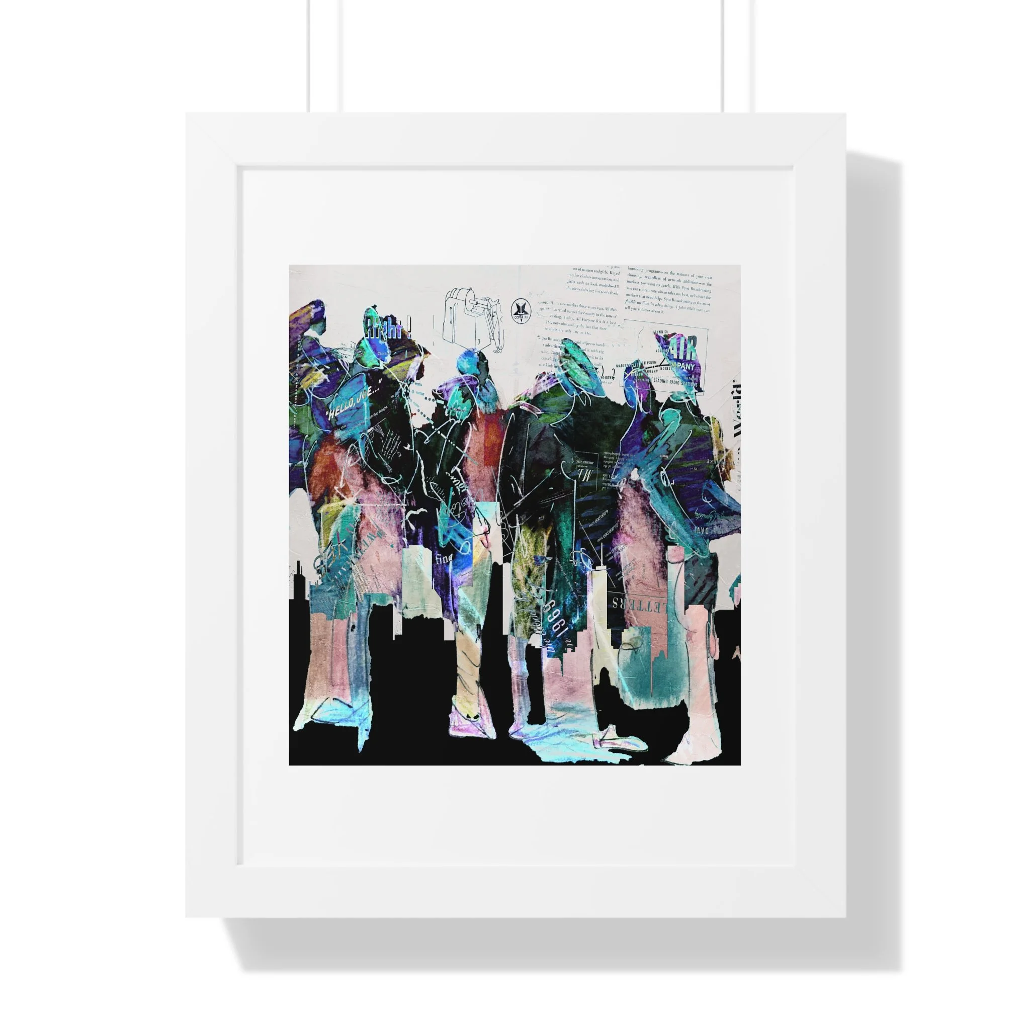 Contemporary figurative mixed media art print. Layered figures, collage textures, and expressive color.