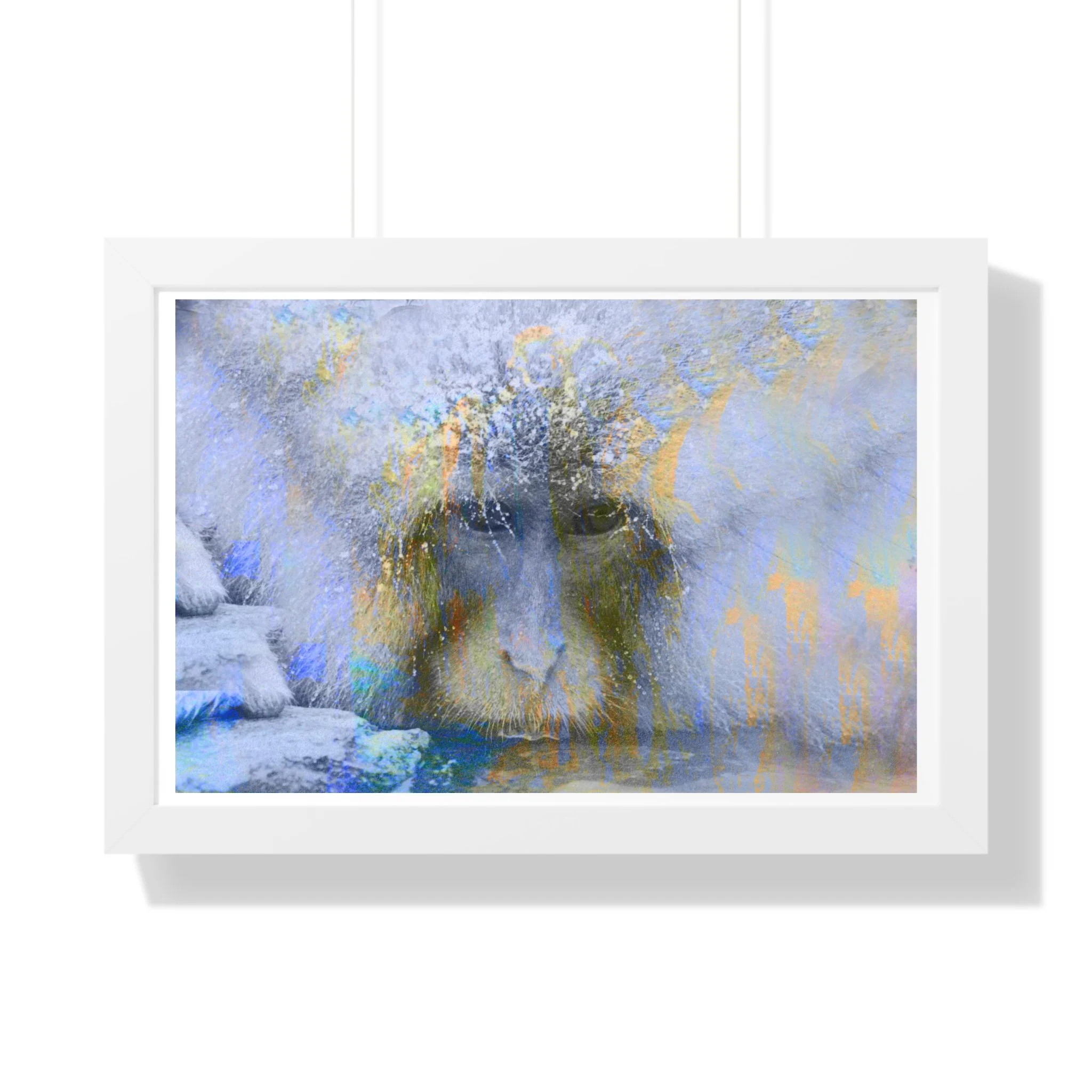 Contemporary Snow Monkey Mixed Media Digital Art Print.  A Serene modern wall piece.