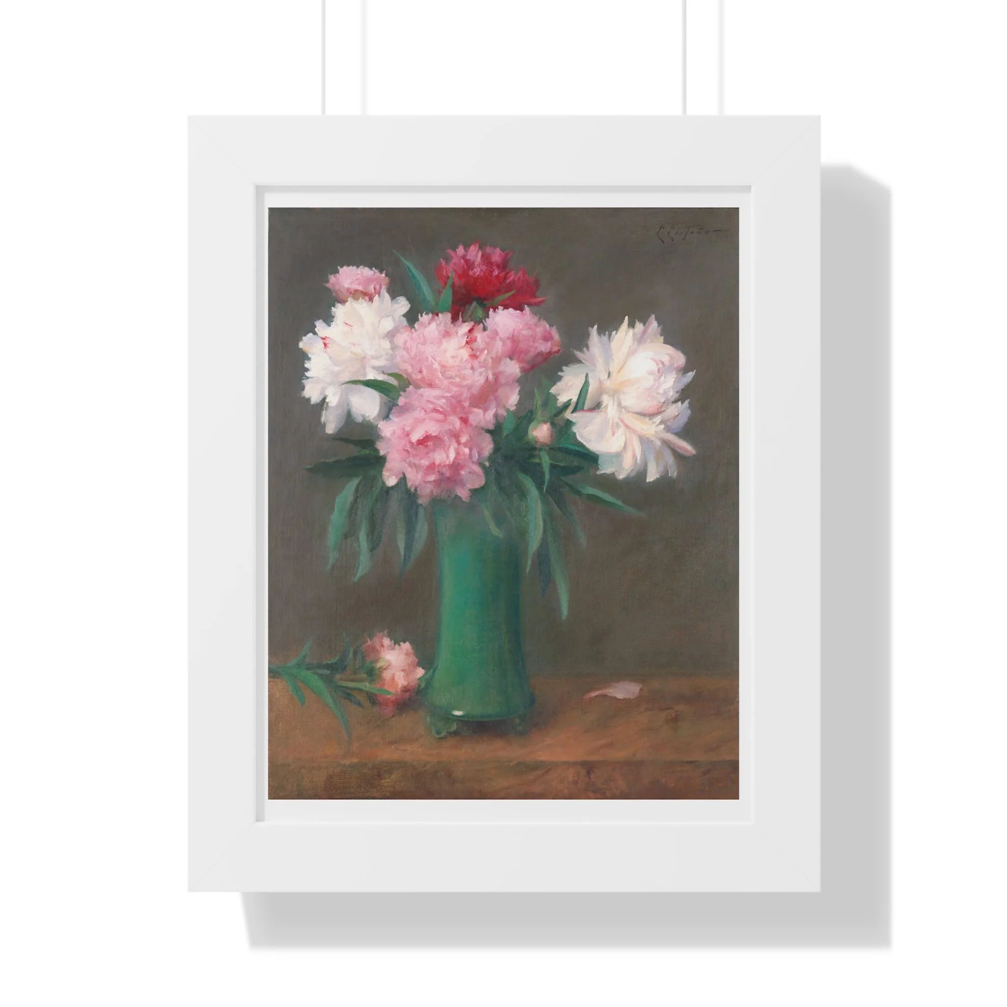 Fine art print of pink and white peonies in a green vase with soft lighting and muted background in white frame