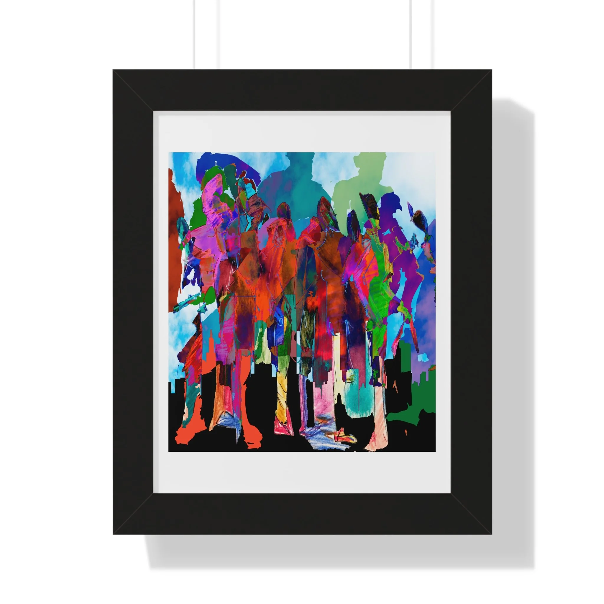 Mixed media digital artwork of colorful overlapping human figures standing above a black city skyline, rendered in vivid red, pink, teal, blue, green, and purple against a pale sky.