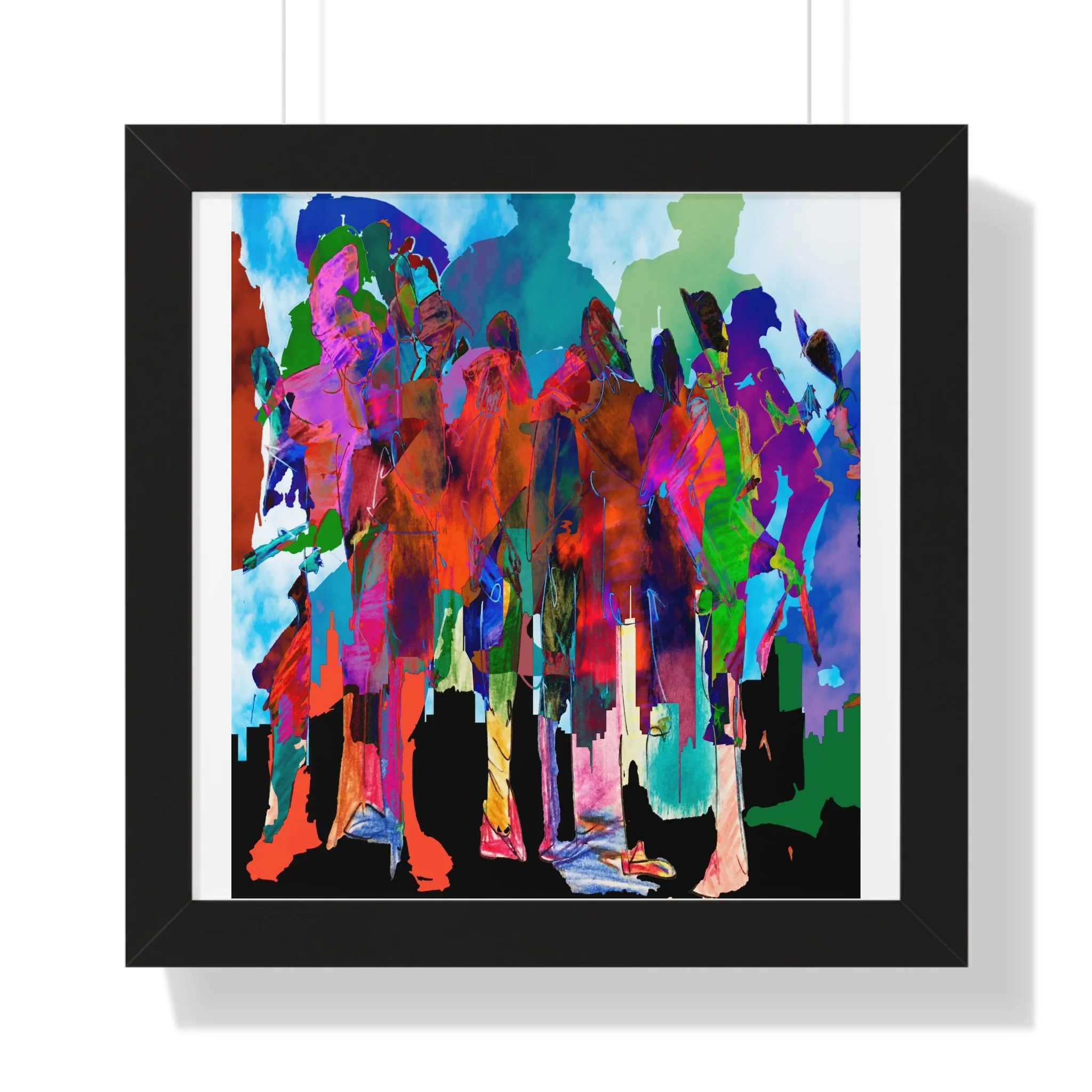 Mixed media digital artwork of colorful overlapping human figures standing above a black city skyline, rendered in vivid red, pink, teal, blue, green, and purple against a pale sky.