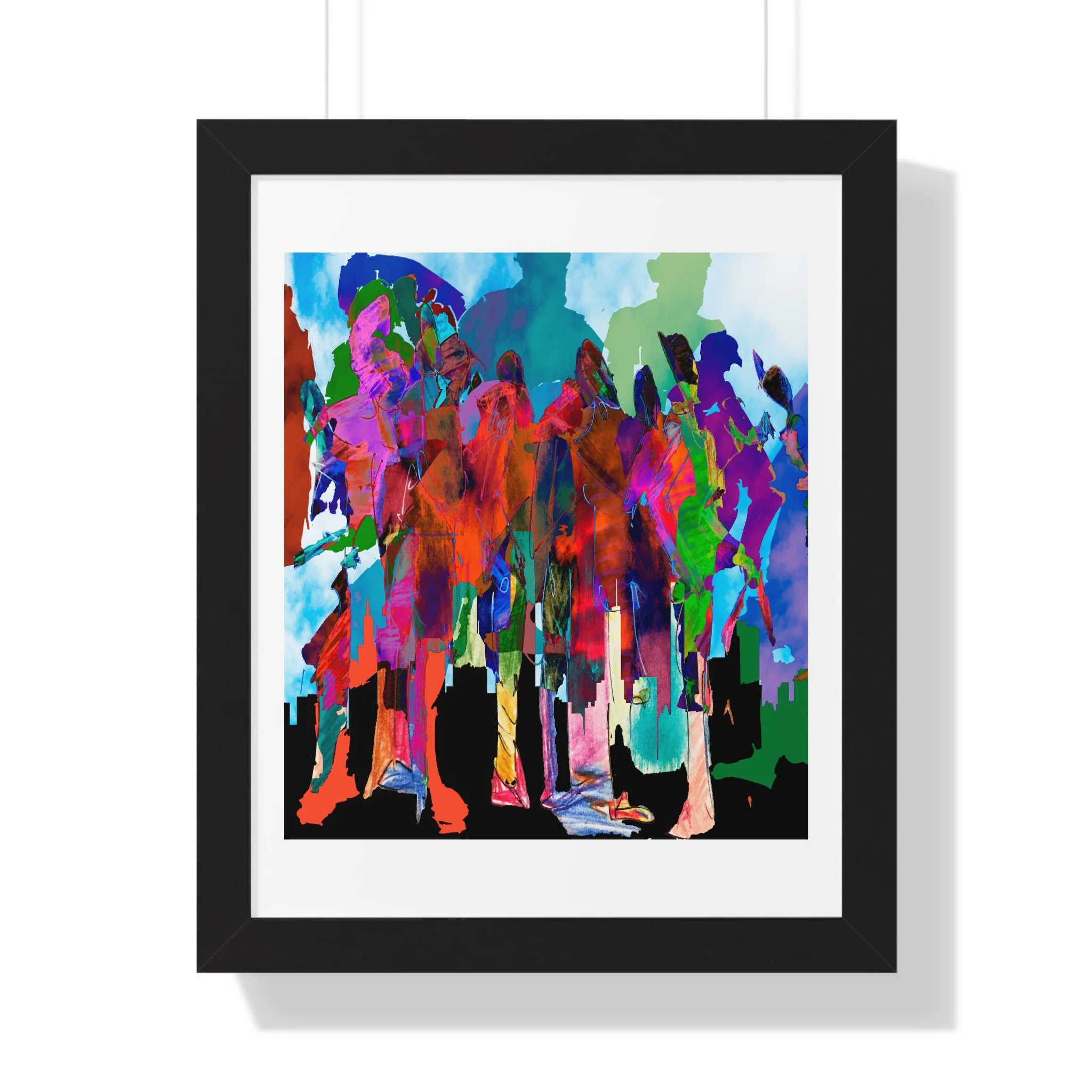 Mixed media digital artwork of colorful overlapping human figures standing above a black city skyline, rendered in vivid red, pink, teal, blue, green, and purple against a pale sky.