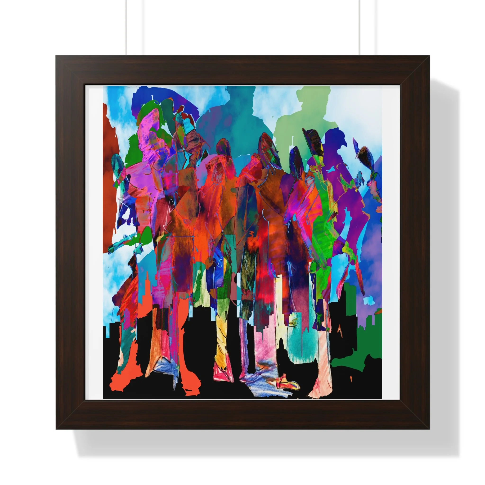 Mixed media digital artwork of colorful overlapping human figures standing above a black city skyline, rendered in vivid red, pink, teal, blue, green, and purple against a pale sky.