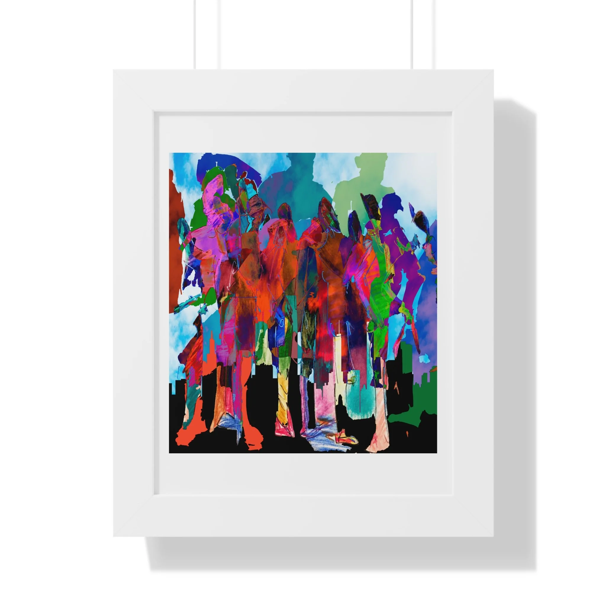 Mixed media digital artwork of colorful overlapping human figures standing above a black city skyline, rendered in vivid red, pink, teal, blue, green, and purple against a pale sky.